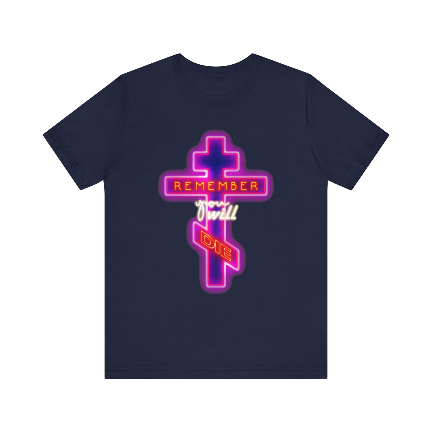 Sure! Here is a rewritten version using your product data: Navy Remember You Will Die Neon Orthodox Cross Design tee—a lightweight unisex cotton shirt featuring a vivid neon cross with the message "REMEMBER you will DIE," inspired by Orthodox Christian spirituality and the teachings of Hesychius the Horebite on memento mori.