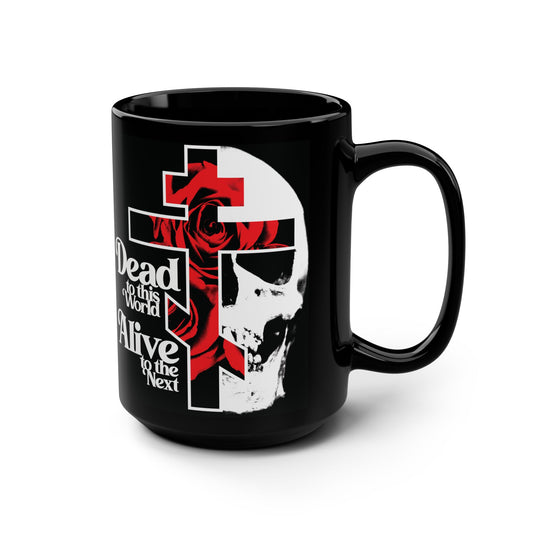 Dead to this World Alive to the Next | Goth Aesthetic Flower Cross & Skull | Orthodox Christian Black Mug