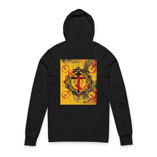 IC XC NIKA Orthodox Cross | Yellow & Red Modern & Medieval Textured Floral Design | Orthodox Long Sleeve Hooded Shirt