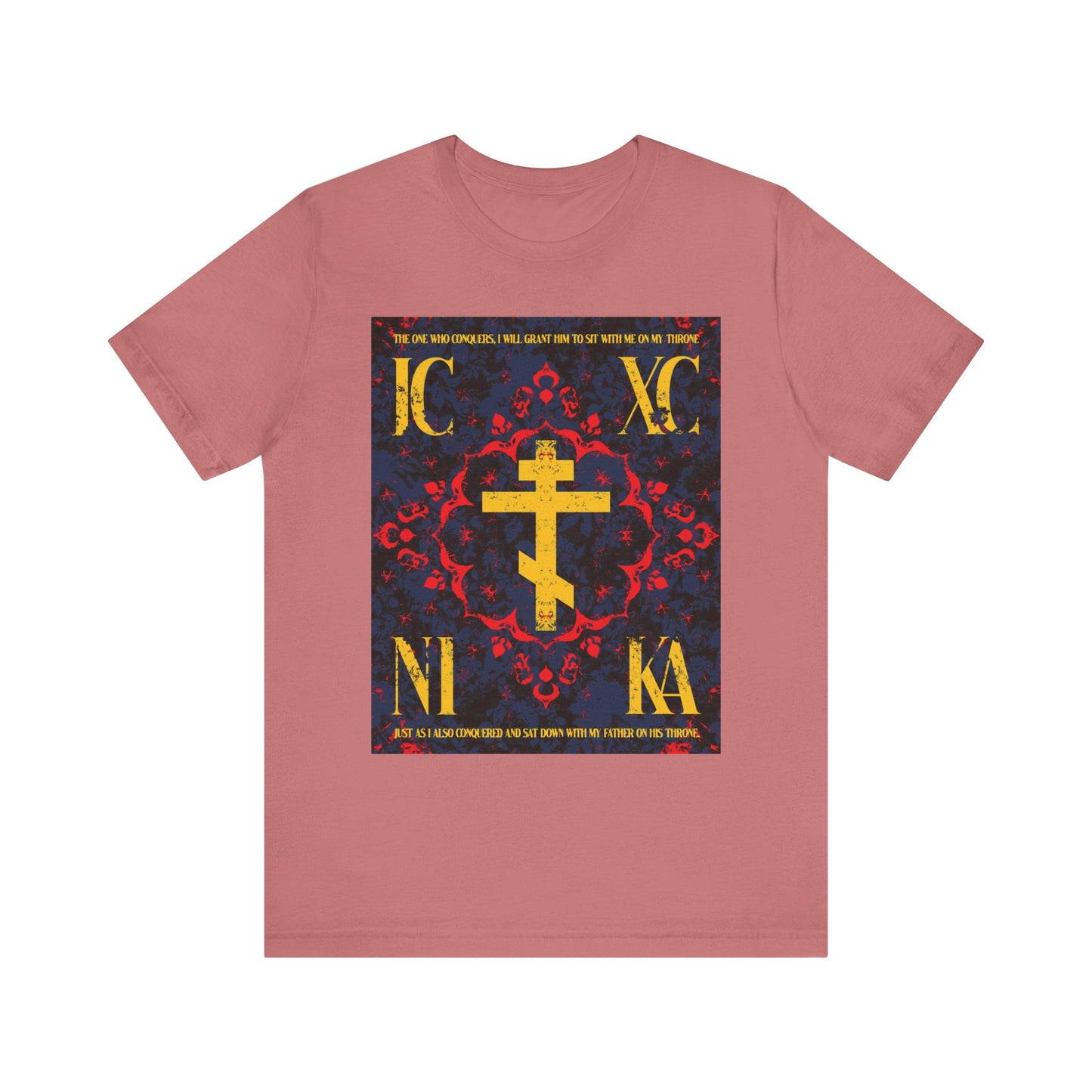 Mauve Unisex T-shirt featuring the IC XC NIKA Orthodox Cross with medieval floral design and "The One Who Conquers" (Revelation 3:21), lightweight cotton, perfect for expressing faith and grace.