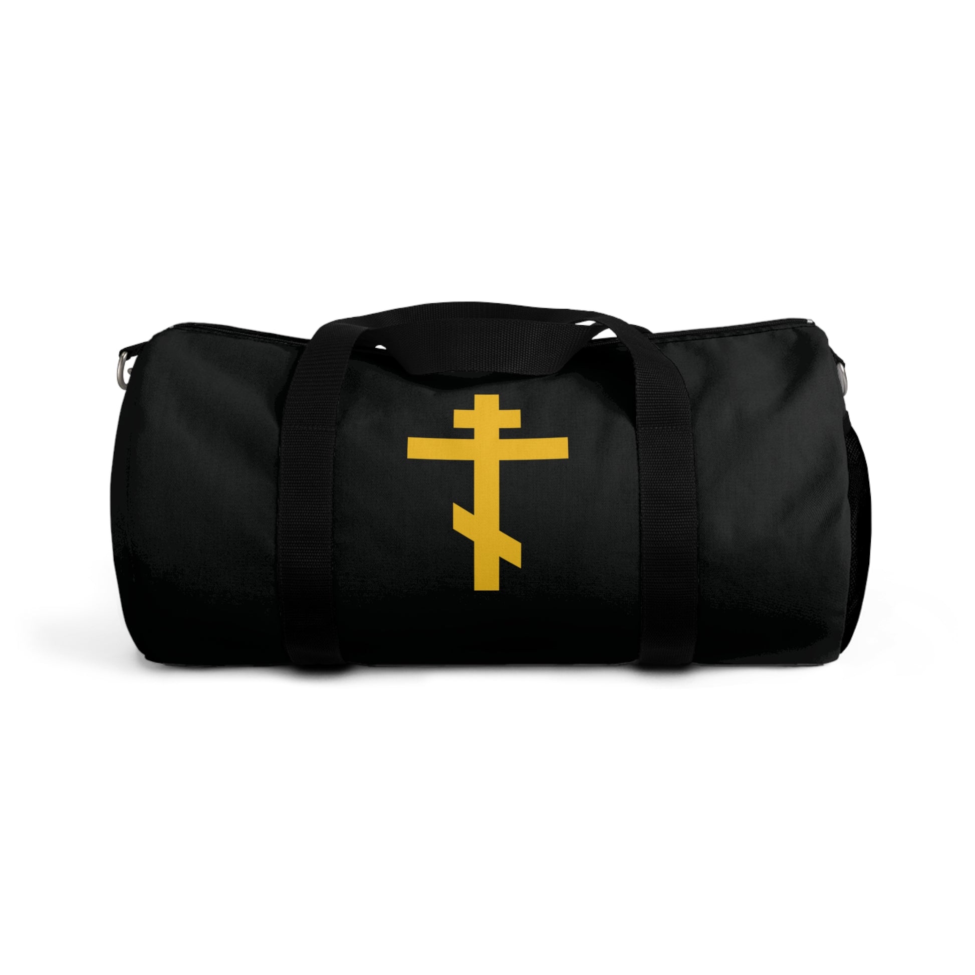 A black gym duffel bag featuring a yellow Orthodox cross, titled "Precious and Life-Giving Weapon of Unseen Warfare," ideal for Orthodox Christians.
