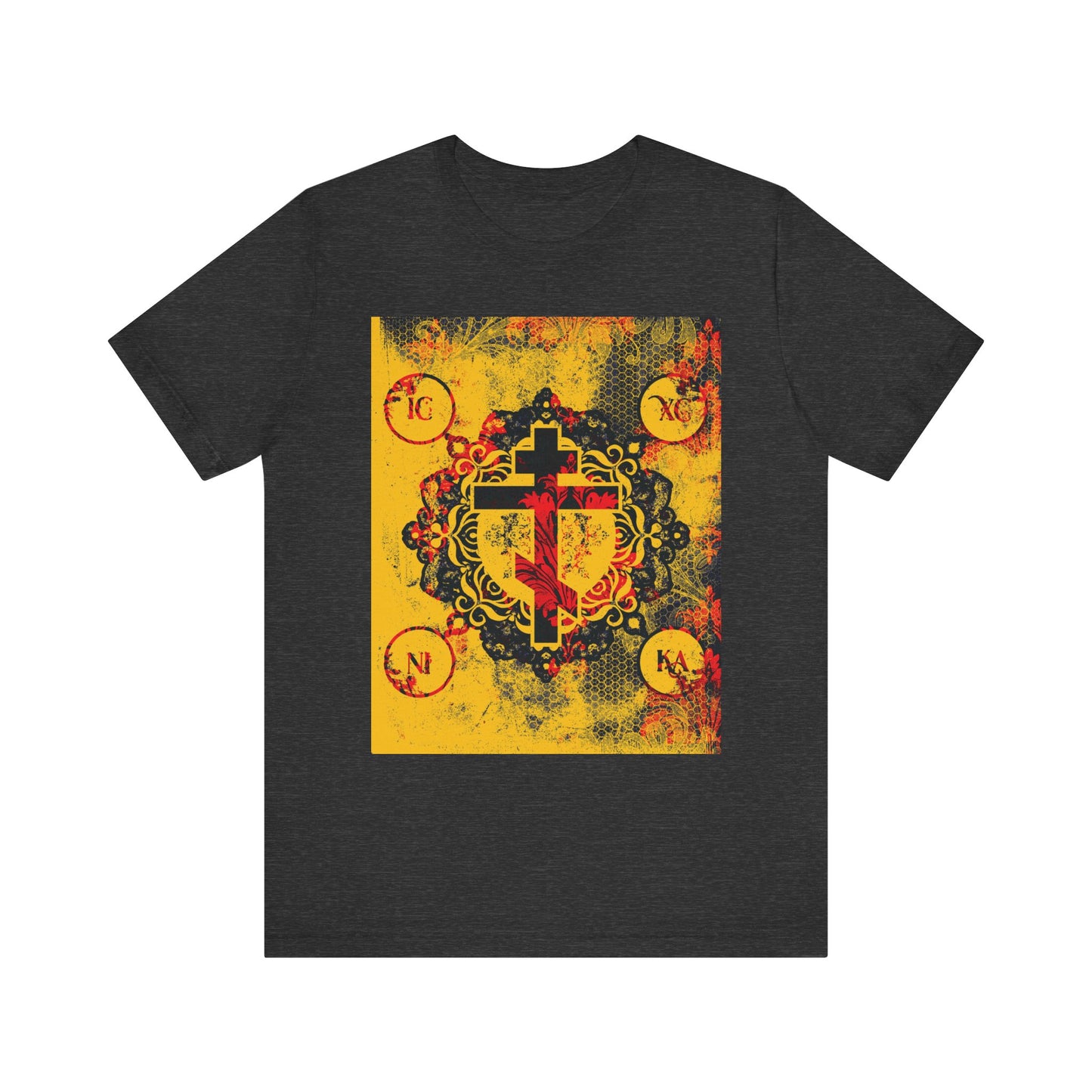 Dark Grey Heather t-shirt featuring the IC XC NIKA Orthodox Cross with bold yellow and red floral designs—a modern and medieval tribute to Christ’s sacrifice. Lightweight cotton, unisex fit, perfect for Orthodox Christian faith expression.