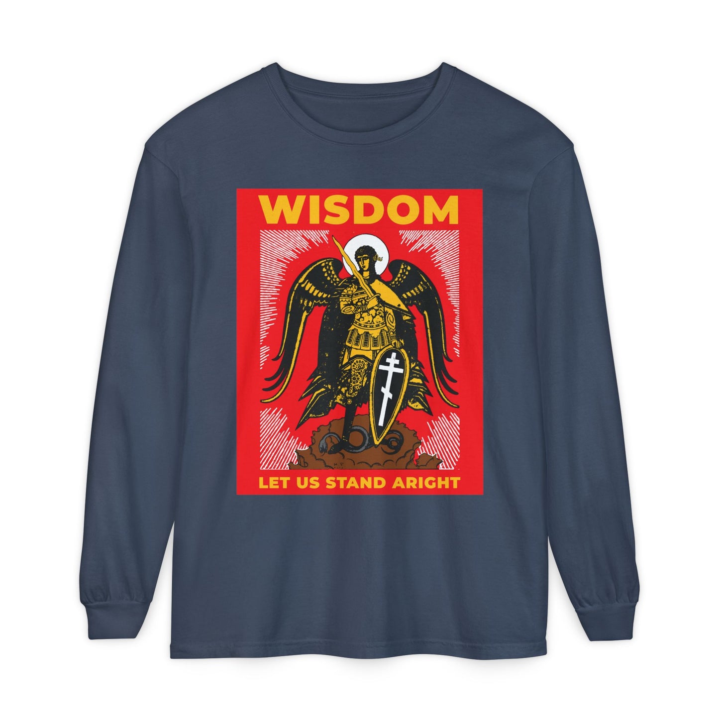 Midnight long sleeve cotton shirt featuring Archangel Michael with shield and sword, Russian illustration, and “WISDOM” & “LET US STAND ARIGHT”—a tribute to Revelation 12. Orthodox Christian design.