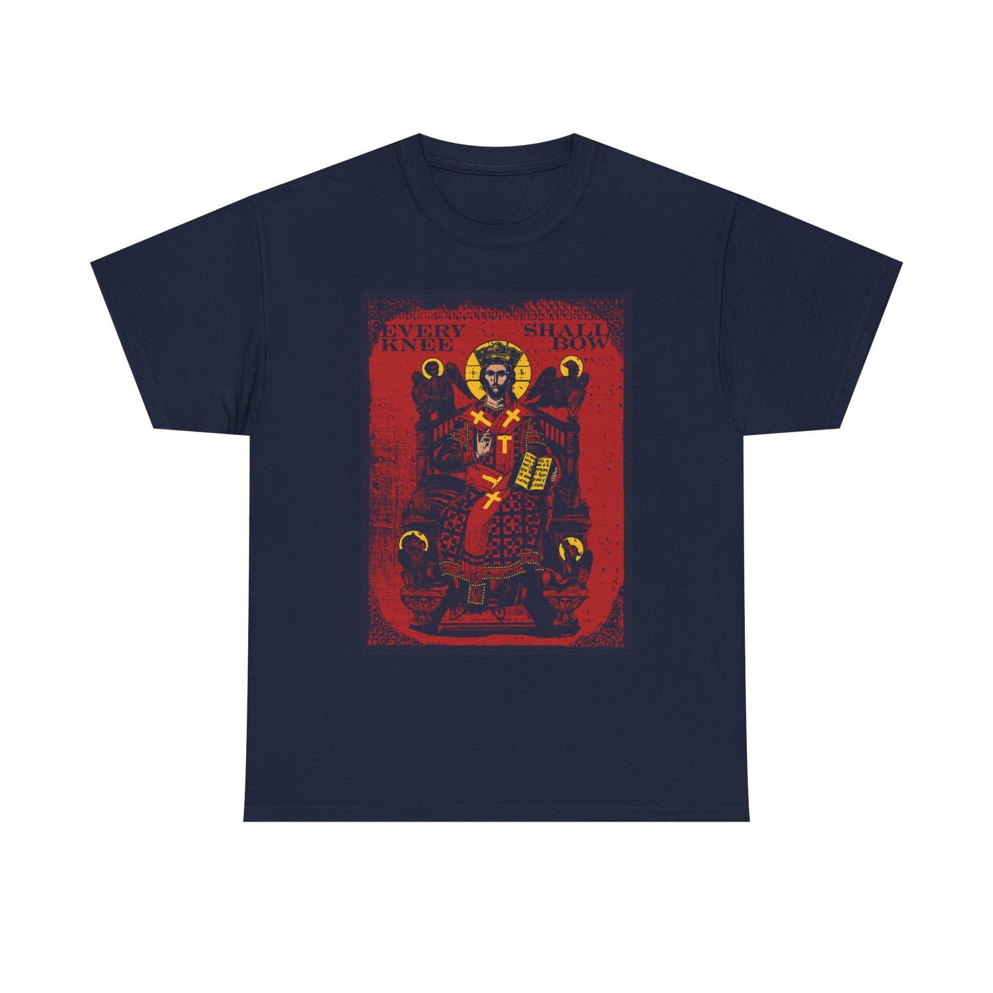 Navy "Every Knee Shall Bow" heavy cotton t-shirt, inspired by Phil 2:8-11 & Isaiah 45:23, featuring a Christ Enthroned IconoGraphic and Ezekiel’s Chariot design.