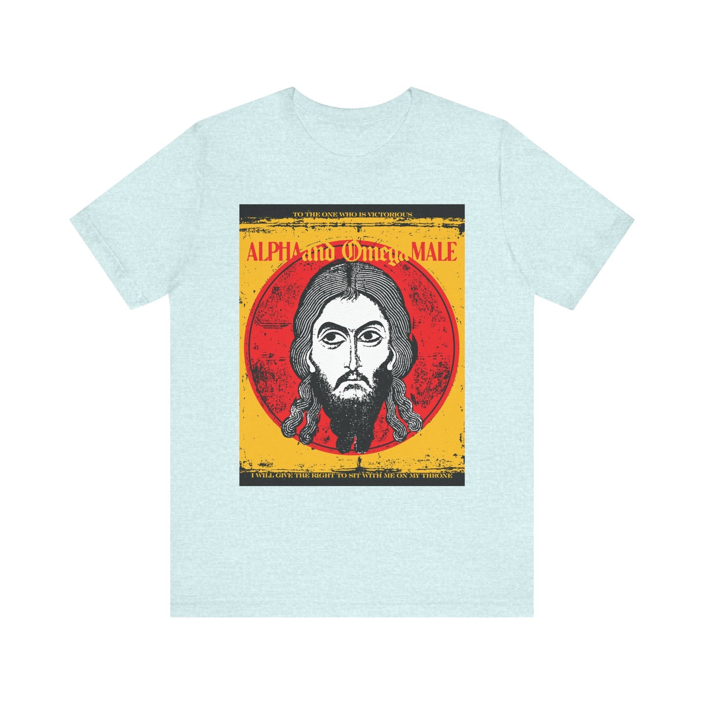 Heather Prism Ice Blue unisex cotton tee featuring Jesus Christ Image of Edessa IkonoGraphic and "Alpha & Omega Male" text, inspired by Revelation—Orthodox design, To the One Who Is Victorious.