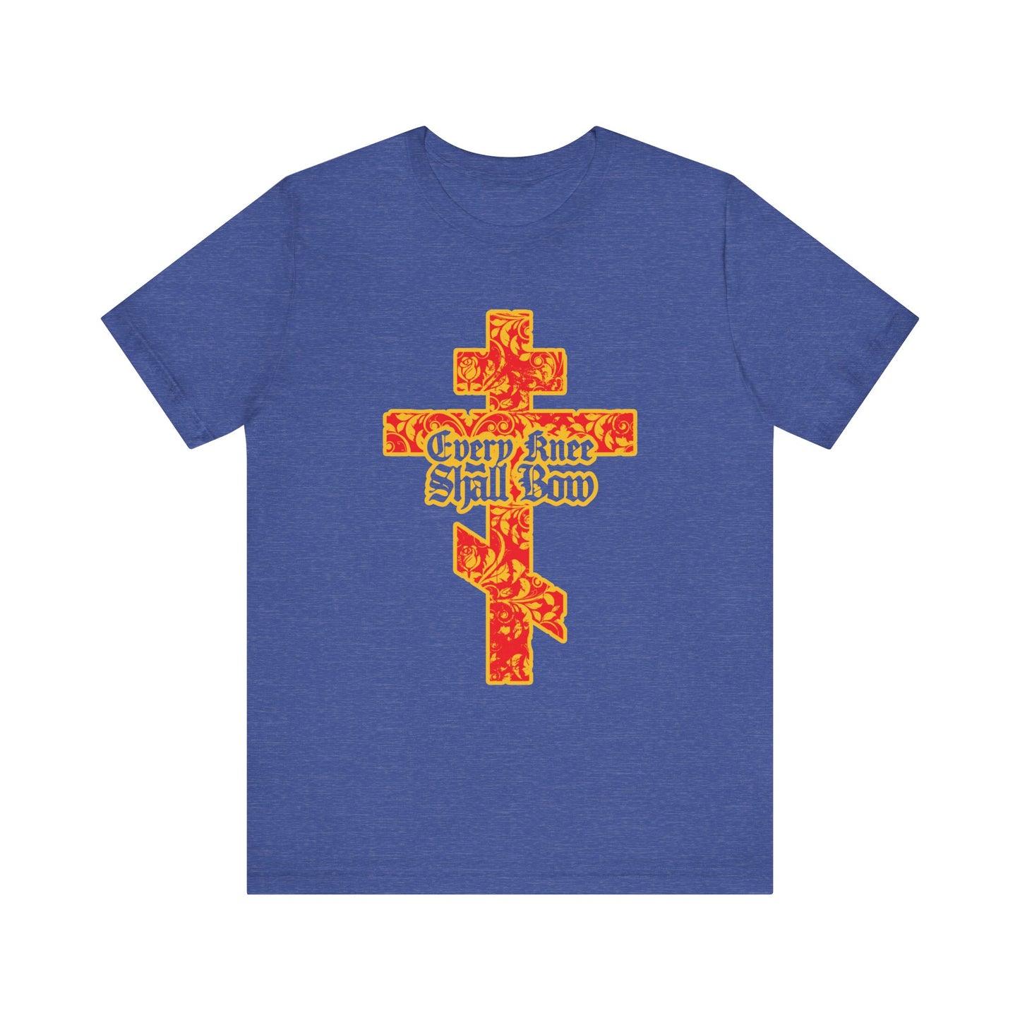 Heather True Royal unisex tee featuring a gold and red floral Orthodox cross with Gothic "Every Knee Shall Bow" text on the front, inspired by Isaiah 45:22-24 & Phil 2:7-11. Lightweight cotton.