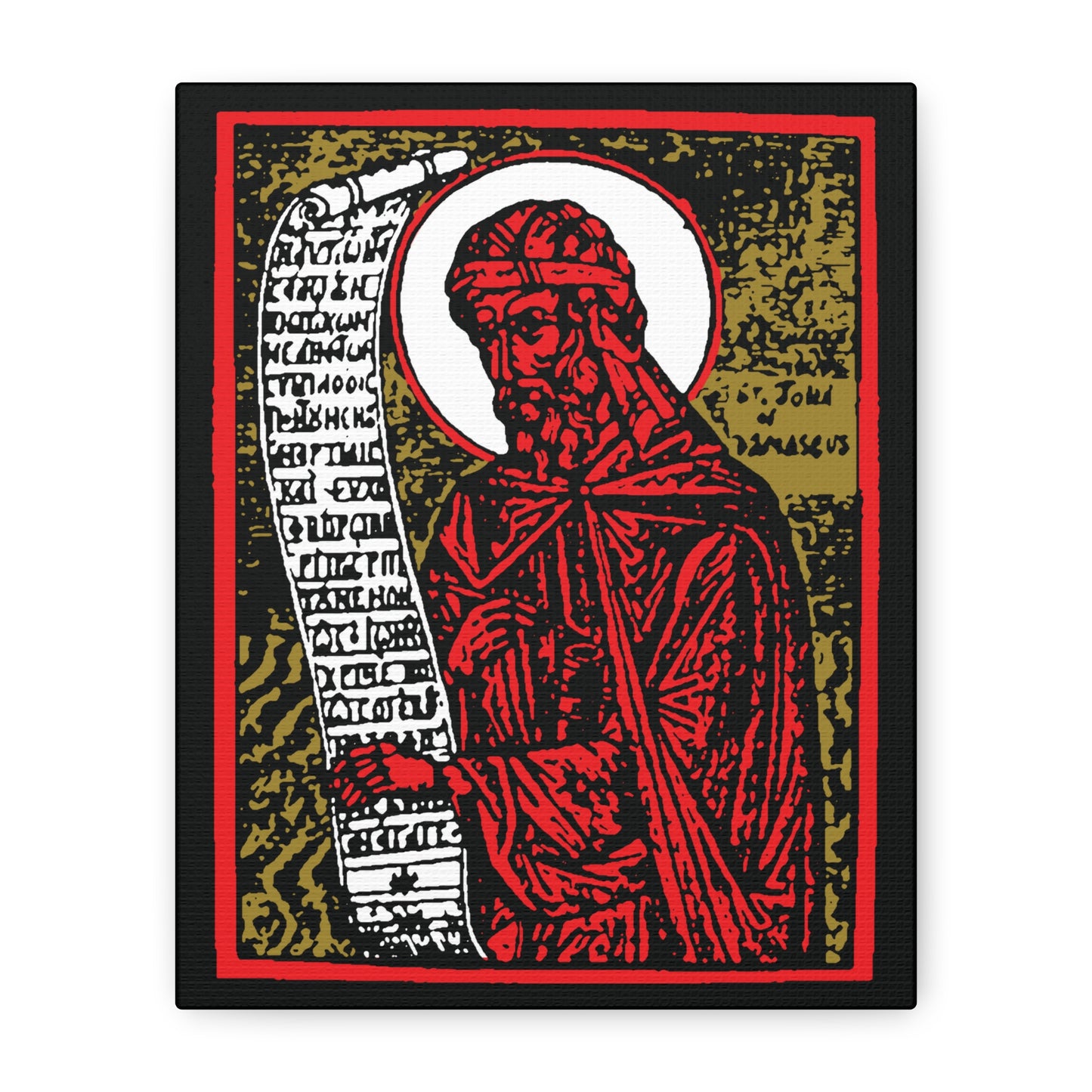 Icon-style image of St. John of Damascus—bearded saint with halo, scroll, red, gold & black background. St. John of Damascus Icono-Graphic | Orthodox Christian Saint Canvas Art: high-contrast design celebrates famed hymn composer.