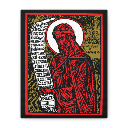 Icon-style image of St. John of Damascus—bearded saint with halo, scroll, red, gold & black background. St. John of Damascus Icono-Graphic | Orthodox Christian Saint Canvas Art: high-contrast design celebrates famed hymn composer.