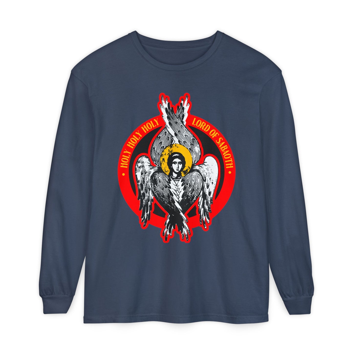 Midnight long-sleeve shirt featuring an Orthodox Seraphim Angel graphic with "Holy Holy Holy, Lord of Sabaoth" text, inspired by Isaiah 6’s throne vision. Orthodox Christian IconoGraphic Unseen Realm design.