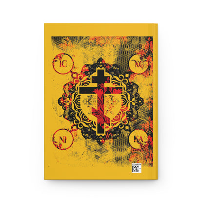 IC XC NIKA Orthodox Cross | Yellow & Red Modern & Medieval Textured Floral Design | Orthodox Christian Hardcover Journal