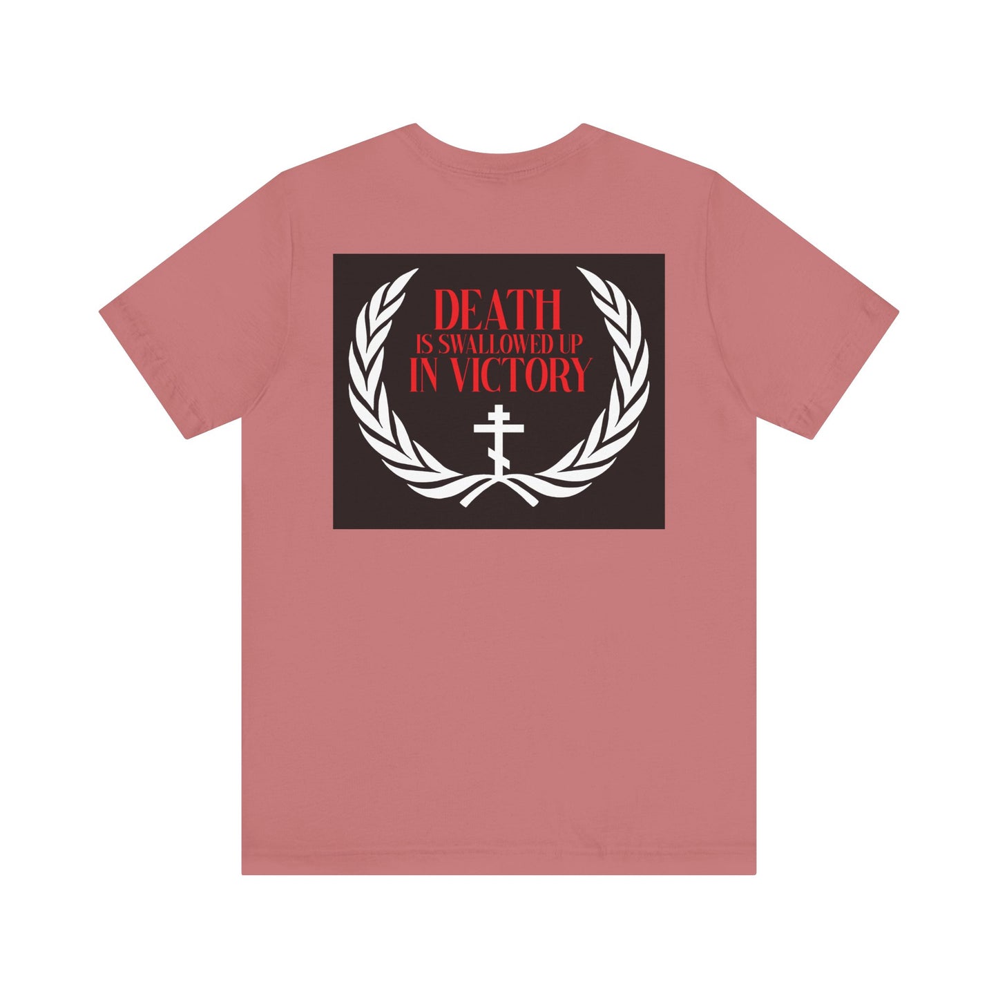 Archangel Michael of the Apocalypse Iconographic / Death is Swallowed Up In Victory DOUBLE-SIDED lightweight cotton unisex t-shirt features a graphic with "Death is swallowed up in victory" above a white laurel and cross, inspired by the Miracle at Colossae.