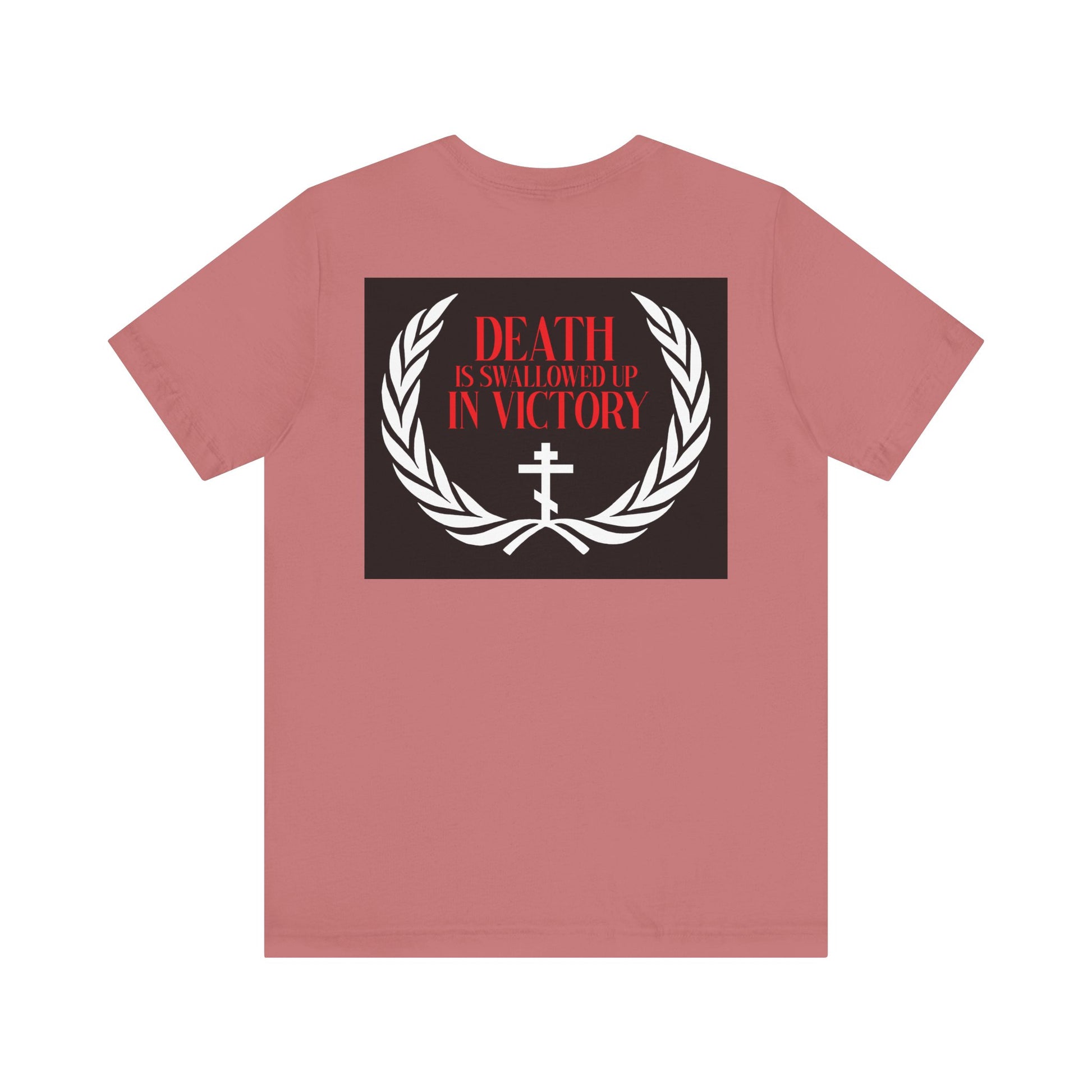 Archangel Michael of the Apocalypse Iconographic / Death is Swallowed Up In Victory DOUBLE-SIDED lightweight cotton unisex t-shirt features a graphic with "Death is swallowed up in victory" above a white laurel and cross, inspired by the Miracle at Colossae.