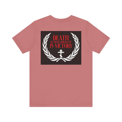 Archangel Michael of the Apocalypse Iconographic / Death is Swallowed Up In Victory DOUBLE-SIDED lightweight cotton unisex t-shirt features a graphic with "Death is swallowed up in victory" above a white laurel and cross, inspired by the Miracle at Colossae.