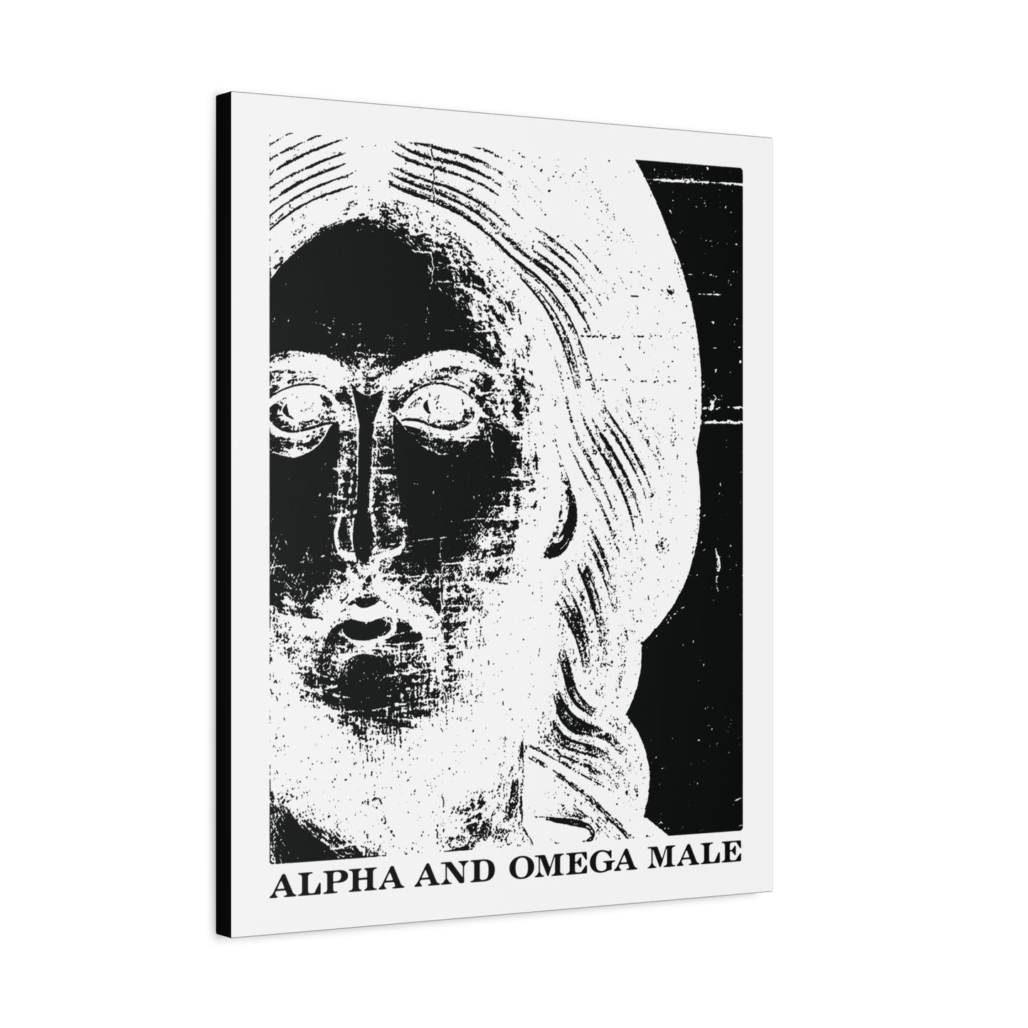 Black and white photonegative portrait of Jesus Christ with “Alpha & Omega Male” text, inspired by Rev 22—Orthodox canvas wall art evoking the timeless spirit of the Beginning and End, new heaven, and new Jerusalem.