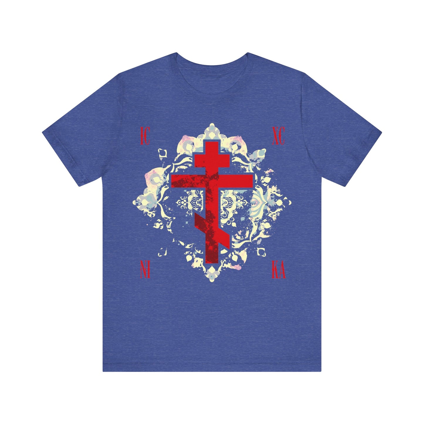 Heather True Royal t-shirt featuring a textured red Orthodox cross with medieval floral background and Greek letters, inspired by ICXC NIKA—Jesus Christ Conquers. A tribute to spiritual warfare and Orthodox Christian faith.