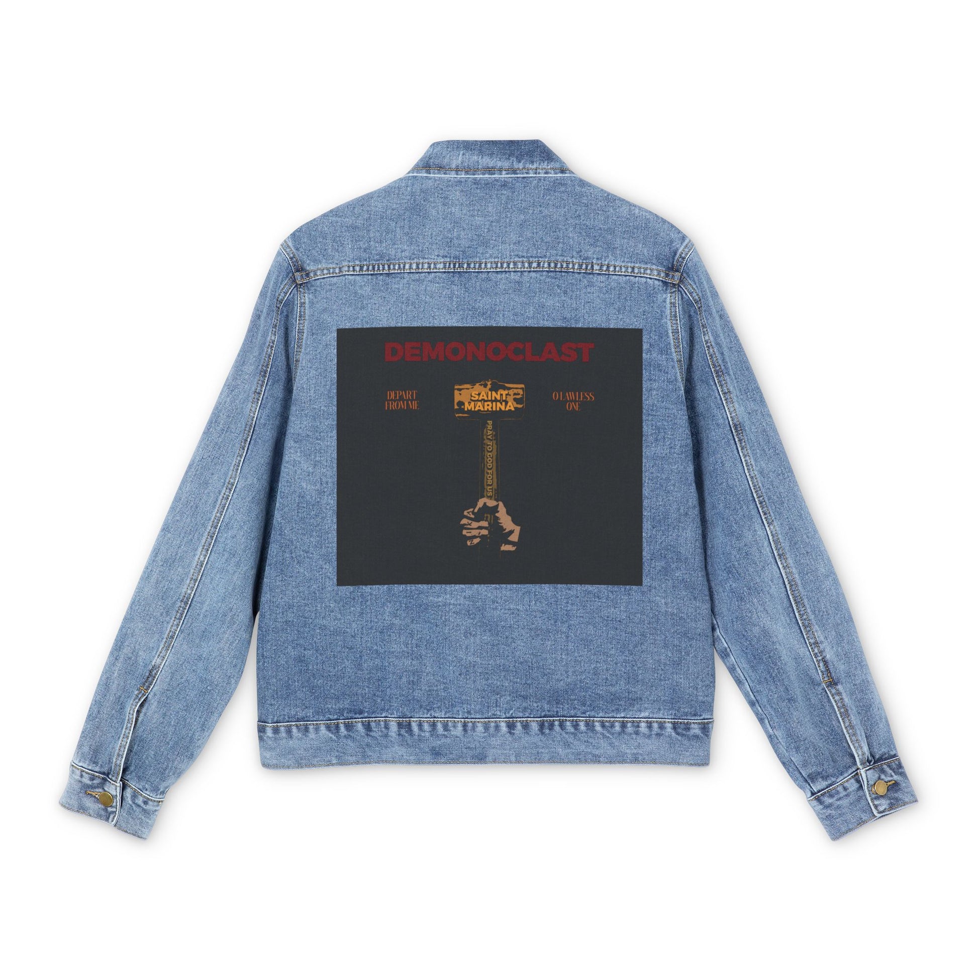 Medium denim wash jean jacket featuring a back graphic of a hand holding a hammer and the text DEMONOCLAST, inspired by St. Marina's courage. Part of the "Demonoclast | St. Marina's Hammer" Orthodox Jean Jacket collection.