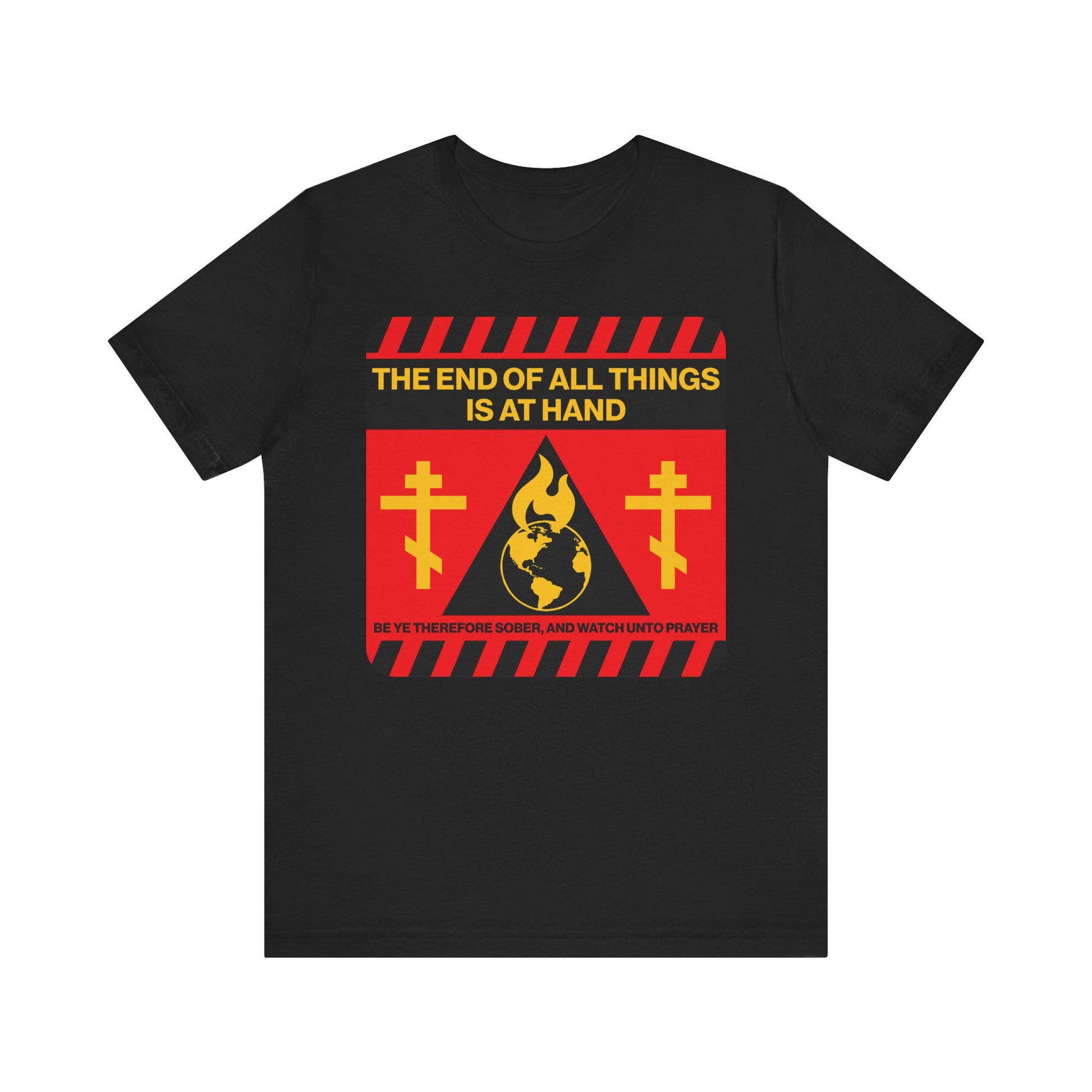 Show your faith in style with this black lightweight cotton unisex tee, featuring a striking red and yellow street sign apocalyptic design that declares "The End of All Things is at Hand" (1 Peter 4:7)—a powerful message of the second coming and redemption.