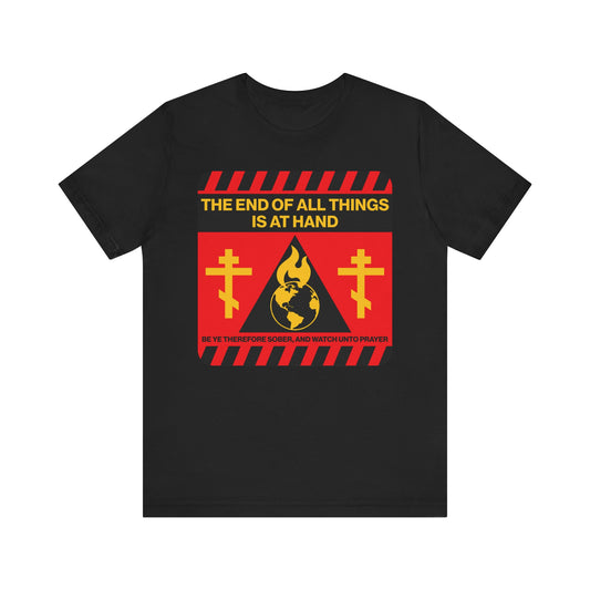 Show your faith in style with this black lightweight cotton unisex tee, featuring a striking red and yellow street sign apocalyptic design that declares "The End of All Things is at Hand" (1 Peter 4:7)—a powerful message of the second coming and redemption.
