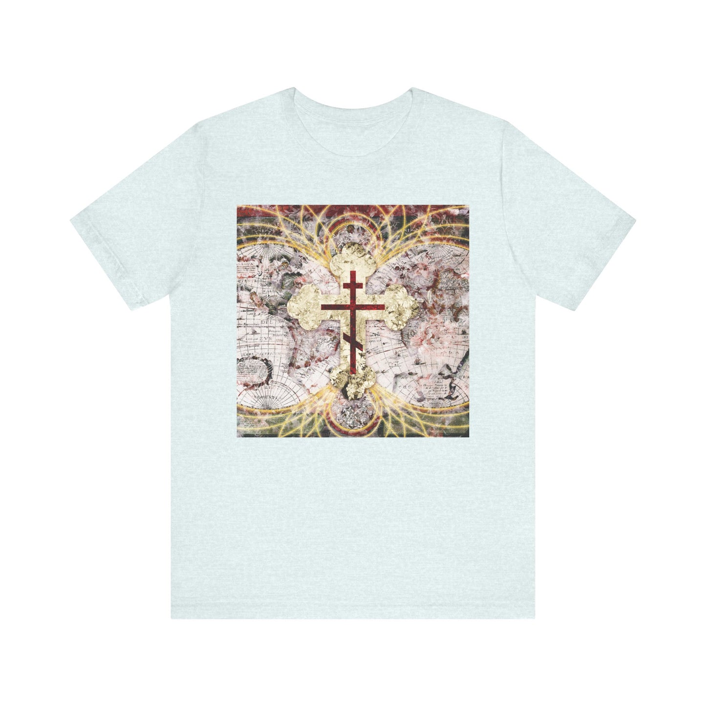 Heather Ice Blue unisex tee featuring a red Orthodox cross on an antique map with glowing magnetic lines, inspired by “Conqueror of Death.” Lightweight cotton for Orthodox Christians—faith and style in one unique design.