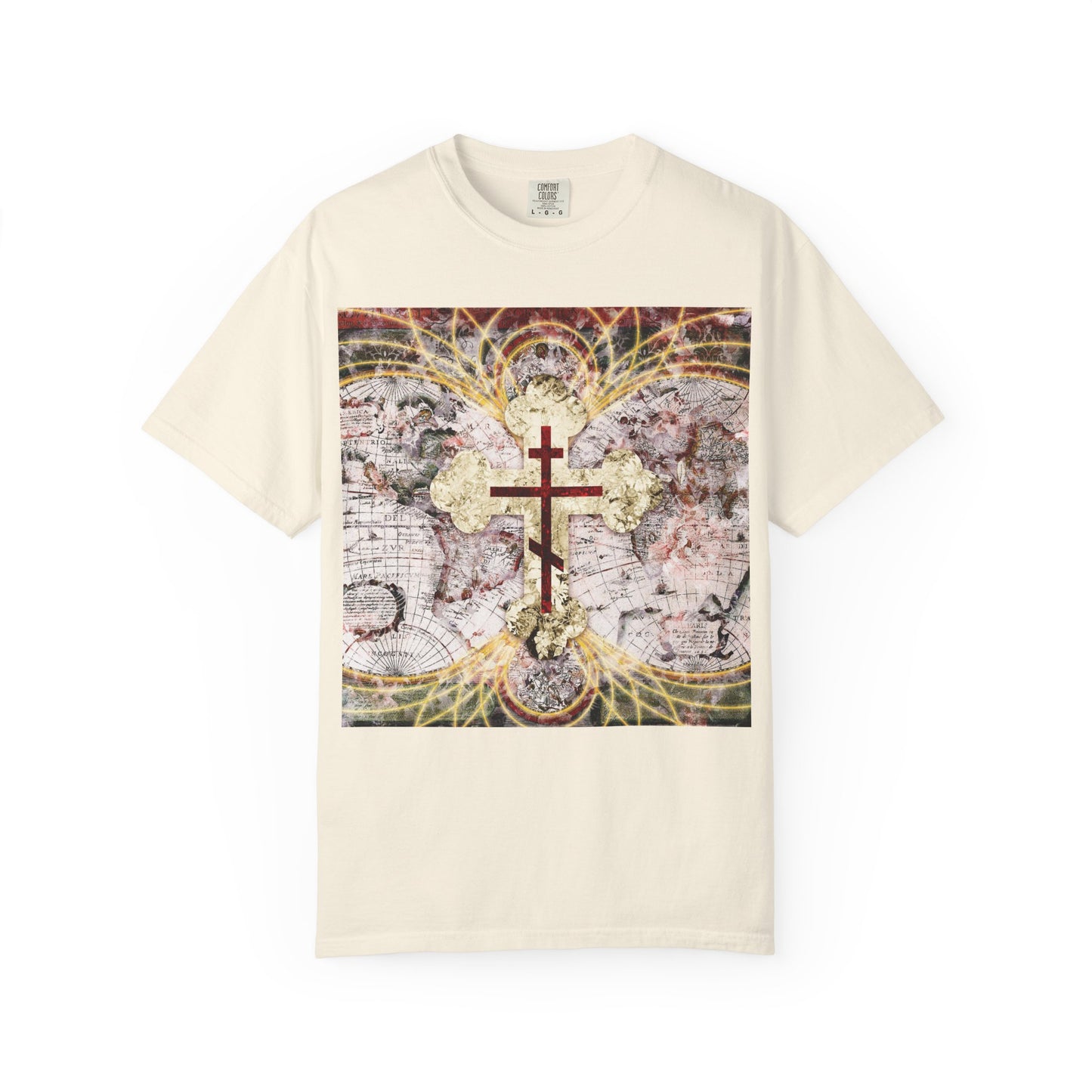 Ivory heavyweight cotton unisex tee featuring a red Orthodox cross on an antique world map with glowing magnetic lines, inspired by Revelation 1:18 and the message “Conqueror of Death.”.
