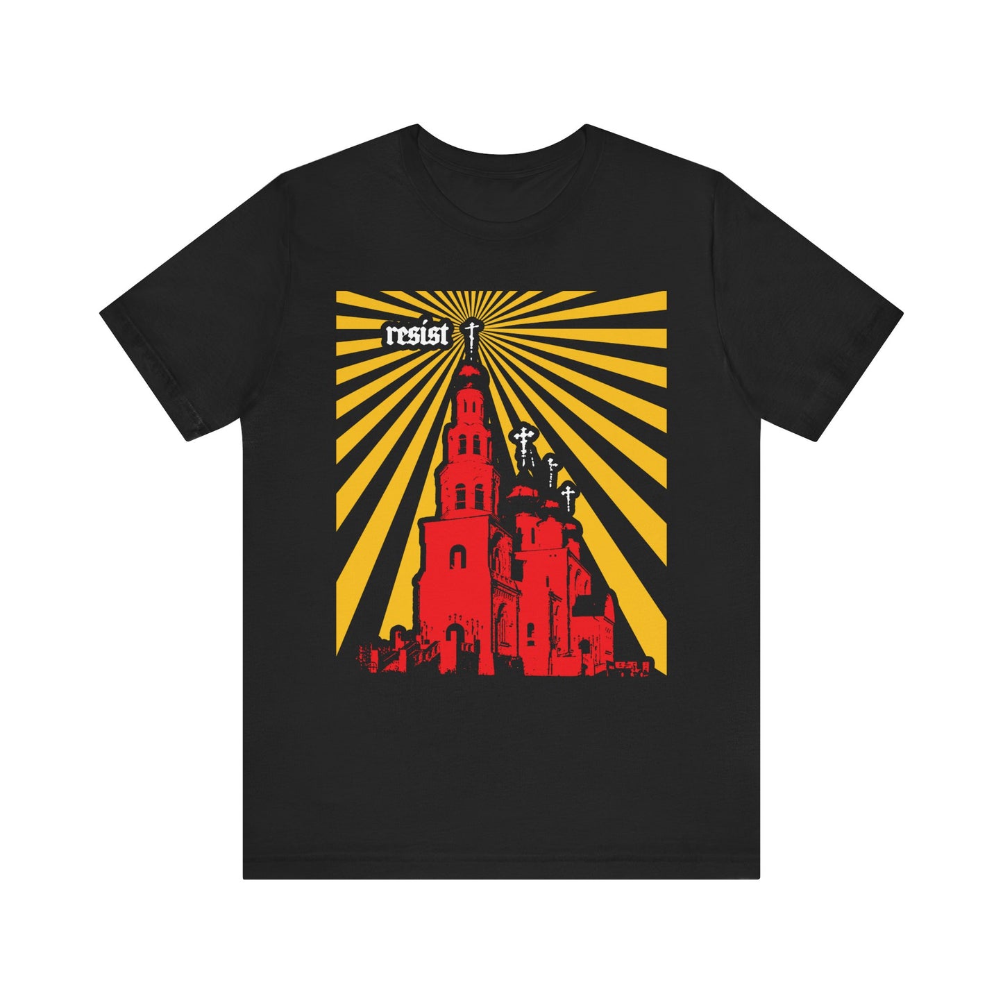 Black "Resist (Orthodoxy Against the World)" T-shirt featuring a vibrant red Orthodox church with yellow sun rays and the word "resist" boldly printed above—a lightweight cotton unisex tee highlighting the Orthodox Church as a beacon standing firm against modern challenges and apostasy.