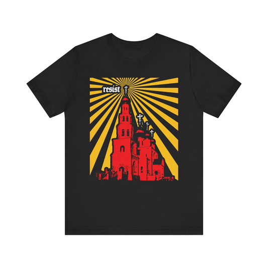Black "Resist (Orthodoxy Against the World)" T-shirt featuring a vibrant red Orthodox church with yellow sun rays and the word "resist" boldly printed above—a lightweight cotton unisex tee highlighting the Orthodox Church as a beacon standing firm against modern challenges and apostasy.