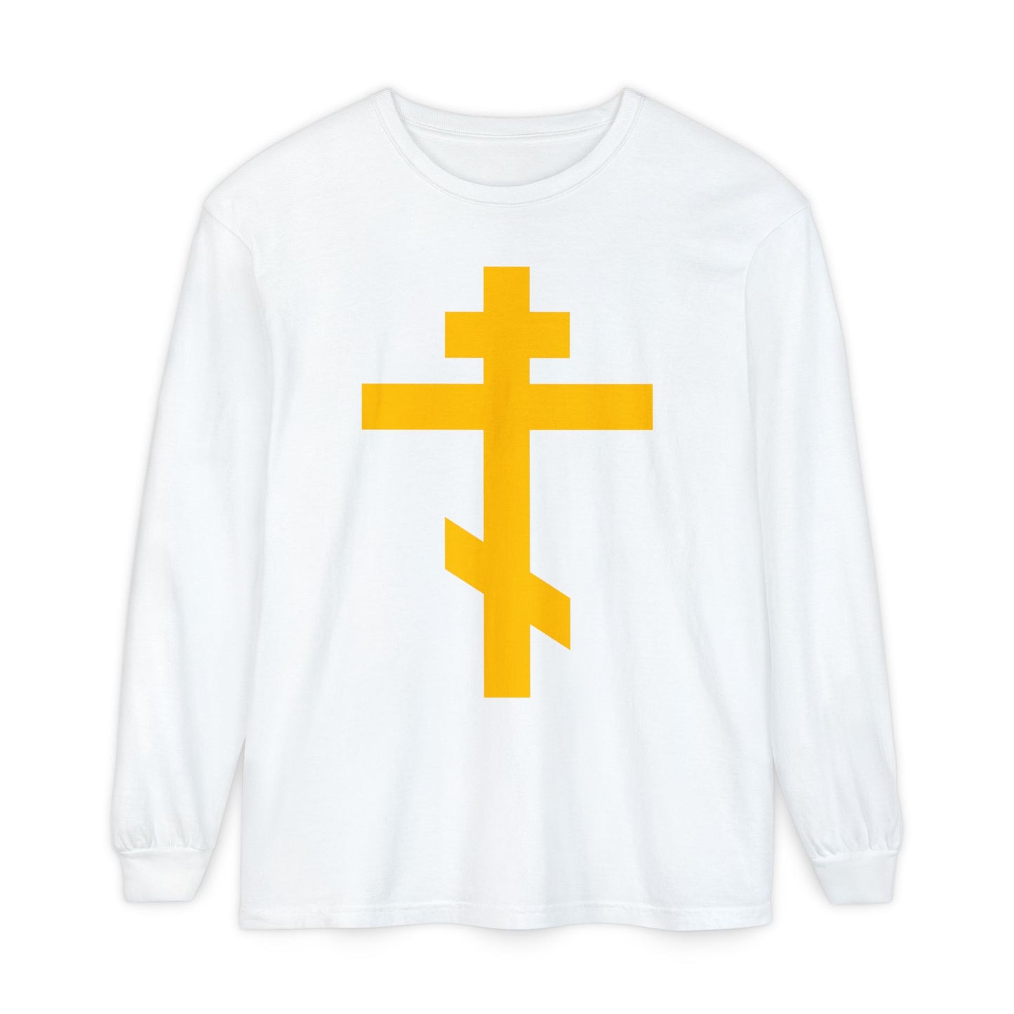 White Christian cotton long sleeve shirt featuring a large yellow Orthodox Cross—Precious and Life-Giving Weapon of Unseen Warfare, Scourge of Demons—reminding us Christ lives in us.