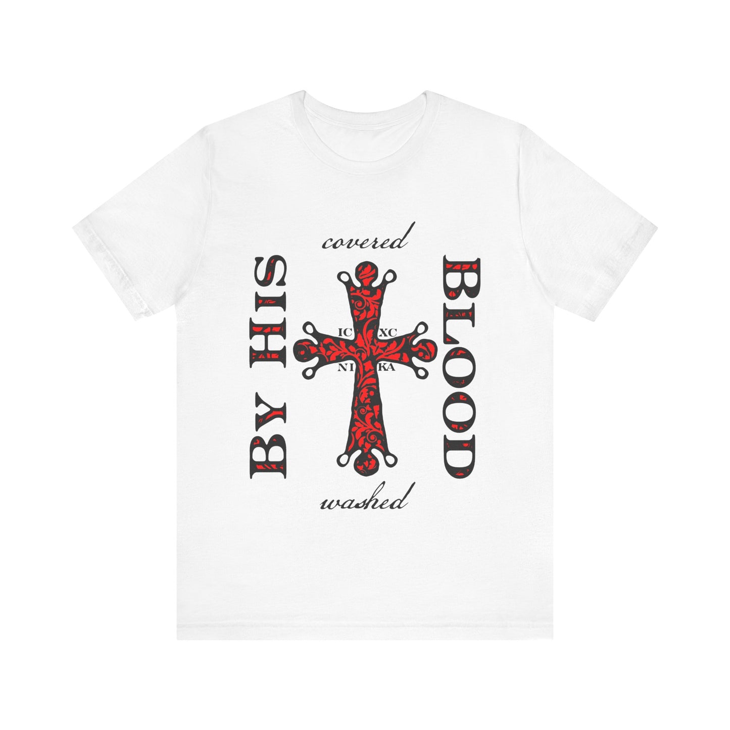 Washed/Covered By His Blood (1 John 1:7) | ICXC NIKA Ornate Red Orthodox Cross | Orthodox Christian Cotton T-Shirt