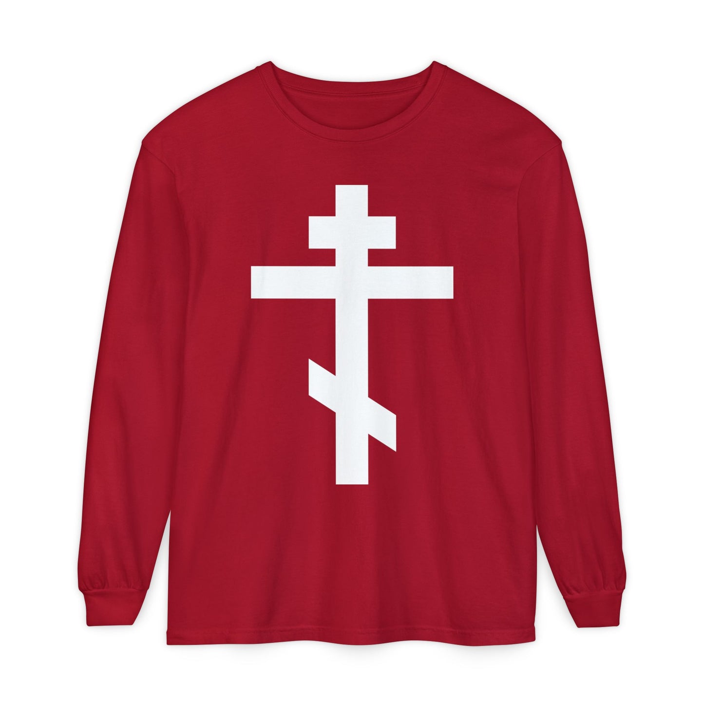 Red long-sleeve shirt with a bold white Orthodox Cross and the text “May I never boast, except in the cross of our Lord Jesus Christ” (Gal 6:14). Orthodox design inspired by faith.