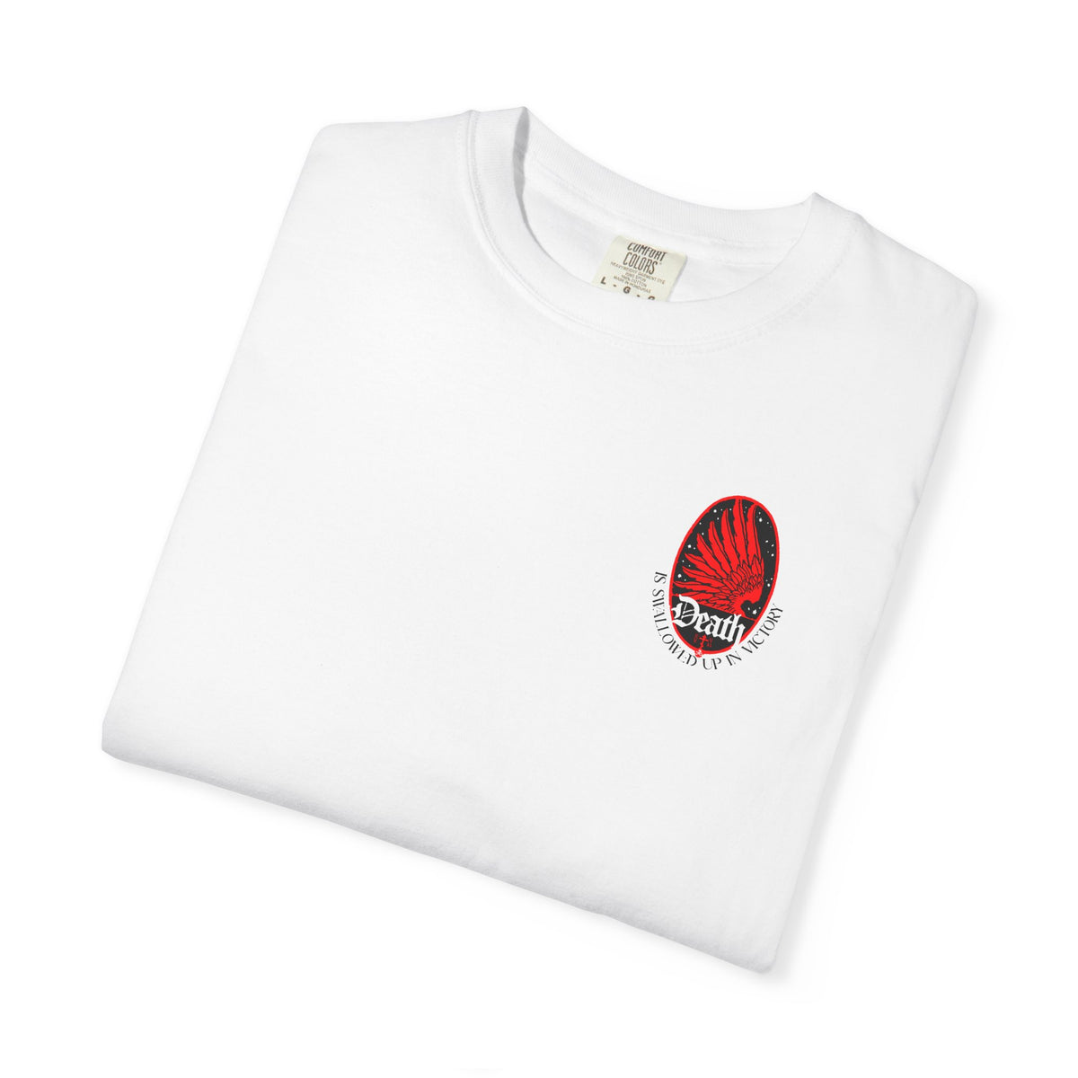 Death is Swallowed Up In Victory (1 Cor 15:54) Art Nouveau Eagle Wing & Stars t-shirt with red wing and text.