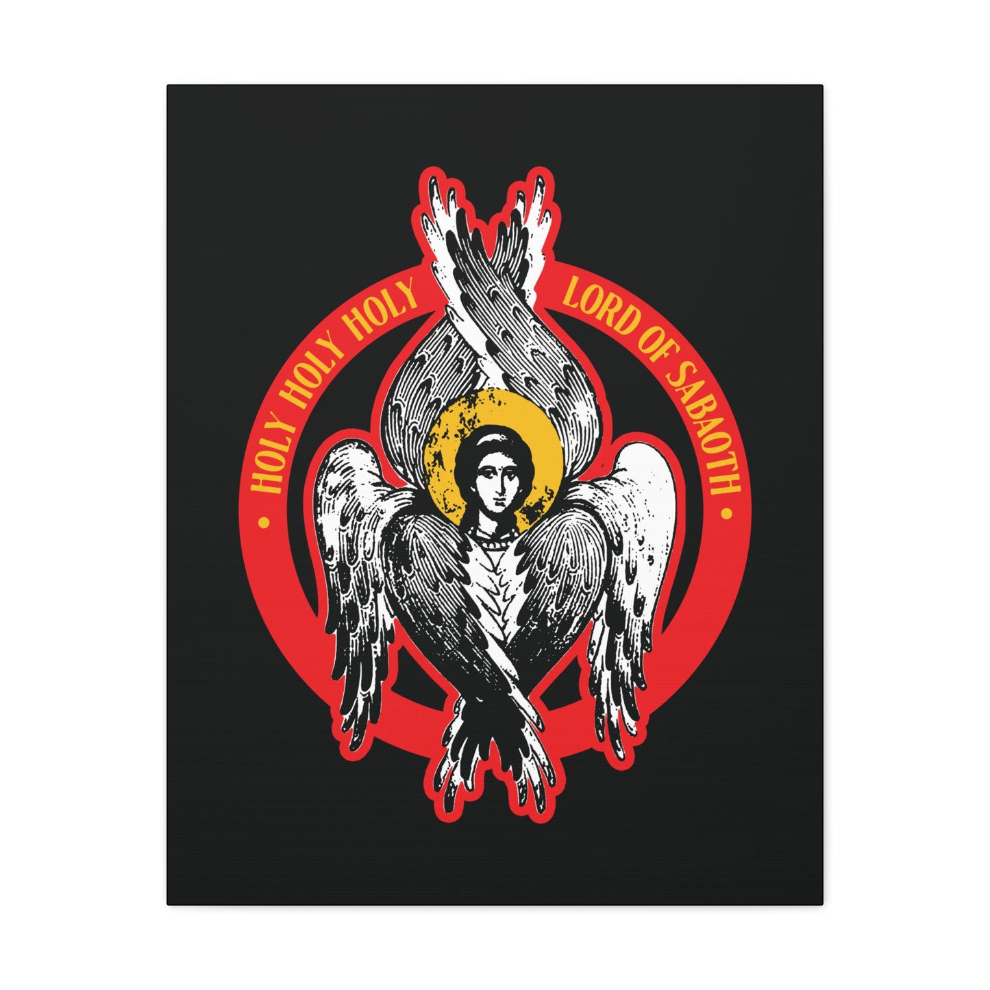The "Holy Holy Holy, Lord of Sabaoth" Orthodox Seraphim Angel IconoGraphic features a six-winged angel with halo and red accents, inspired by Isaiah 6. Christian wall art reads “HOLY HOLY HOLY LORD OF HOSTS.”.