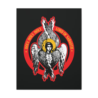 The "Holy Holy Holy, Lord of Sabaoth" Orthodox Seraphim Angel IconoGraphic features a six-winged angel with halo and red accents, inspired by Isaiah 6. Christian wall art reads “HOLY HOLY HOLY LORD OF HOSTS.”.