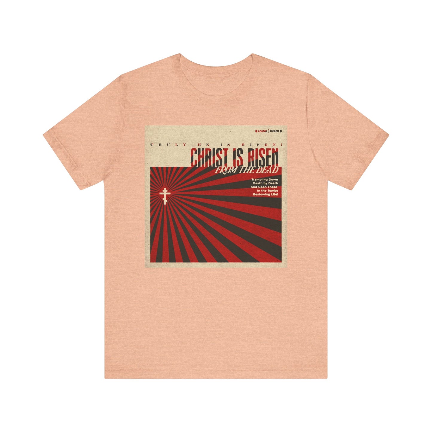 Celebrate Christ’s resurrection with our Heather Peach unisex tee, featuring a retro LP cover design and bold red “Christ is Risen from the Dead” graphic inspired by the Paschal Troparion. Lightweight cotton for comfort.