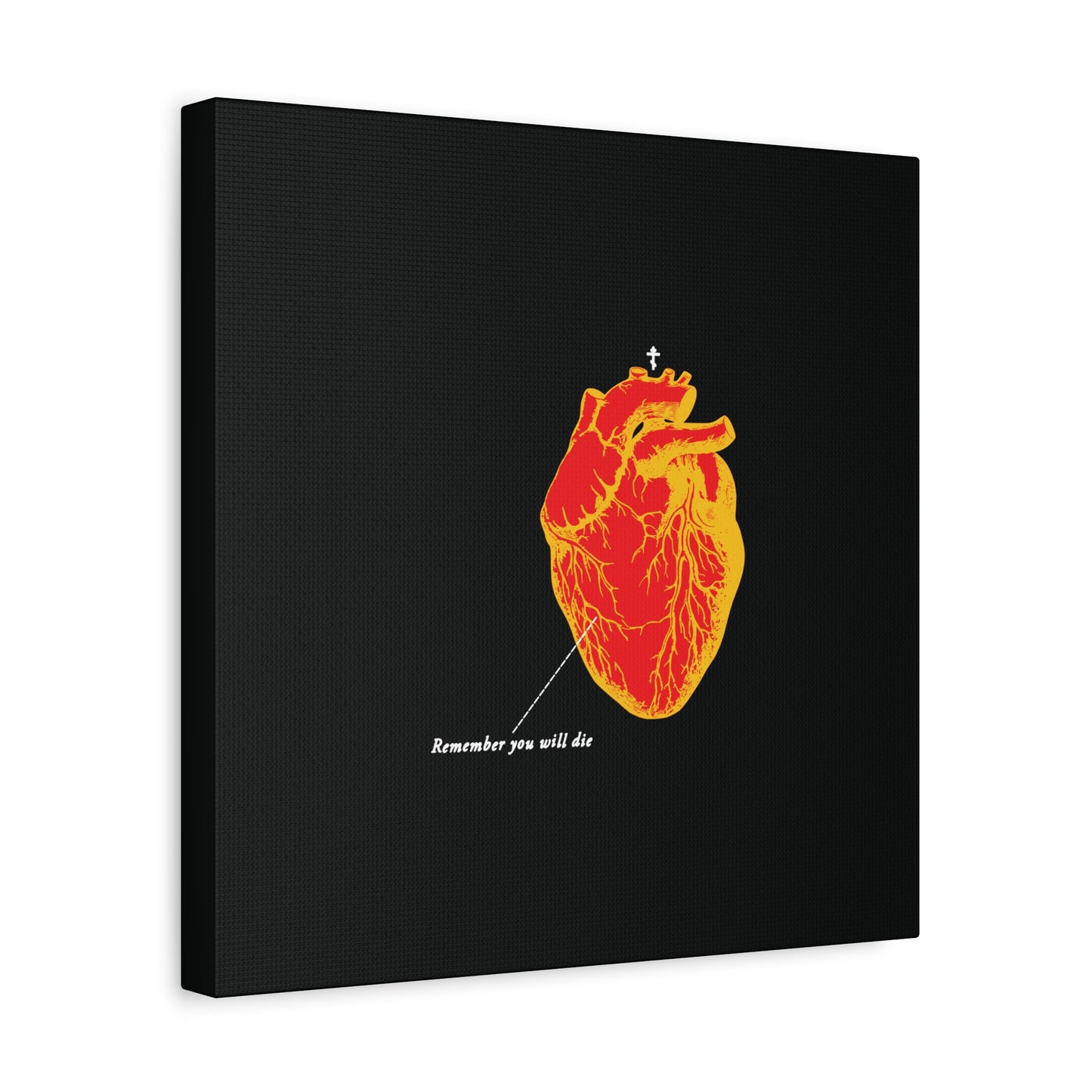 The "Remember You Will Die" Retro Medical Textbook Heart Design features an inverted red & orange anatomical heart with a cross, blending Memento Mori and Orthodox Christian themes on canvas wall art.