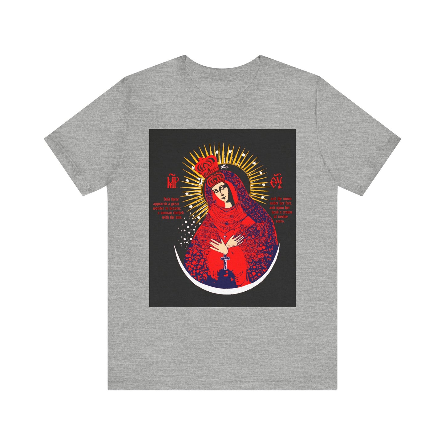 Athletic Heather t-shirt featuring a vibrant graphic inspired by Our Lady the Gate of Dawn, the iconic Vilnius image of Mary crowned as Theotokos, Woman of the Apocalypse, holding a white dove. Lightweight cotton unisex design.