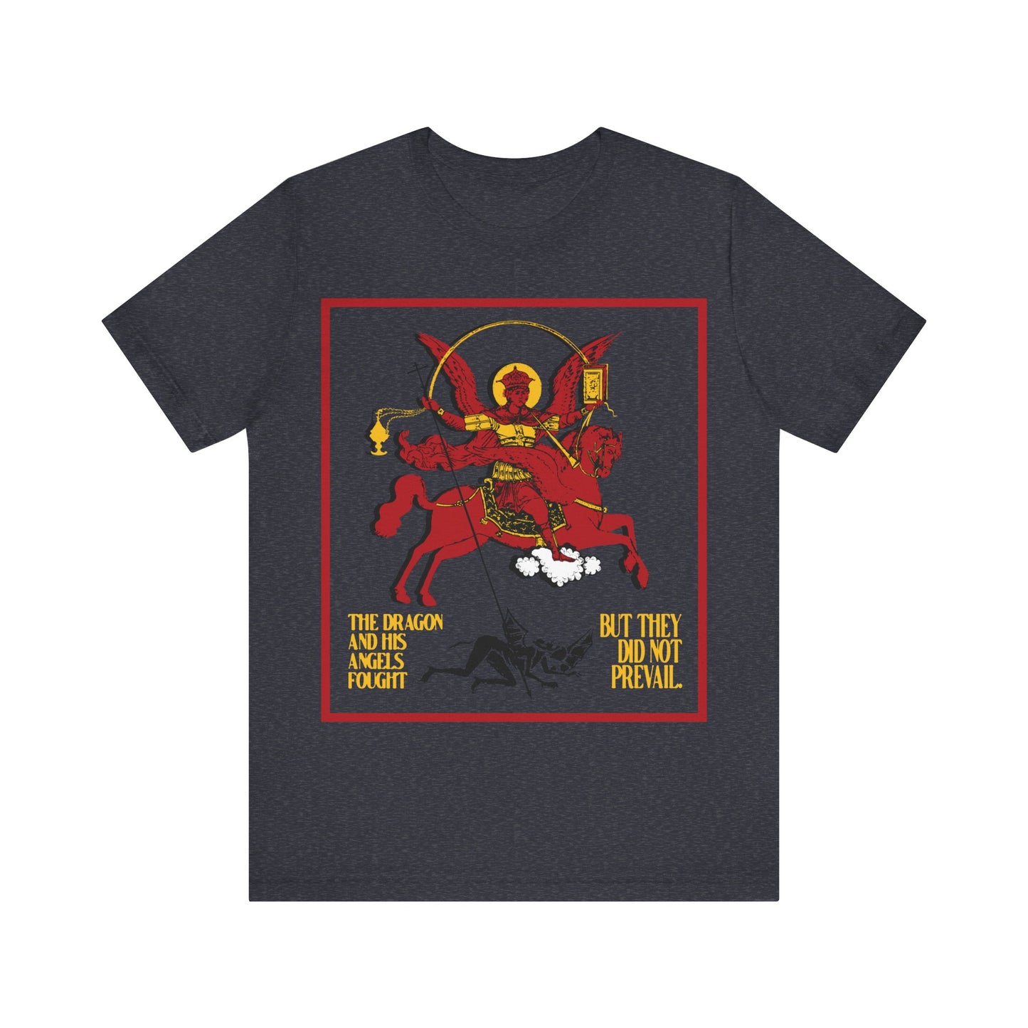 Archangel Michael of the Apocalypse IconoGraphic (Revelation 12:7-8) | Red Angel and Horse on Blue Background | Orthodox Christian T-Shirt