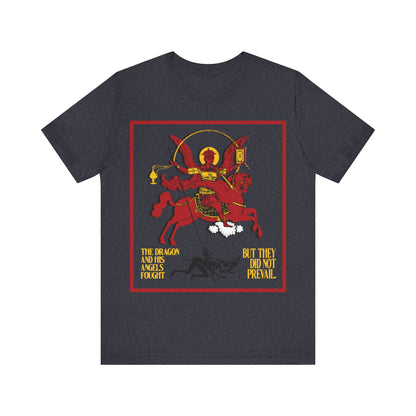 Archangel Michael of the Apocalypse IconoGraphic (Revelation 12:7-8) | Red Angel and Horse on Blue Background | Orthodox Christian T-Shirt