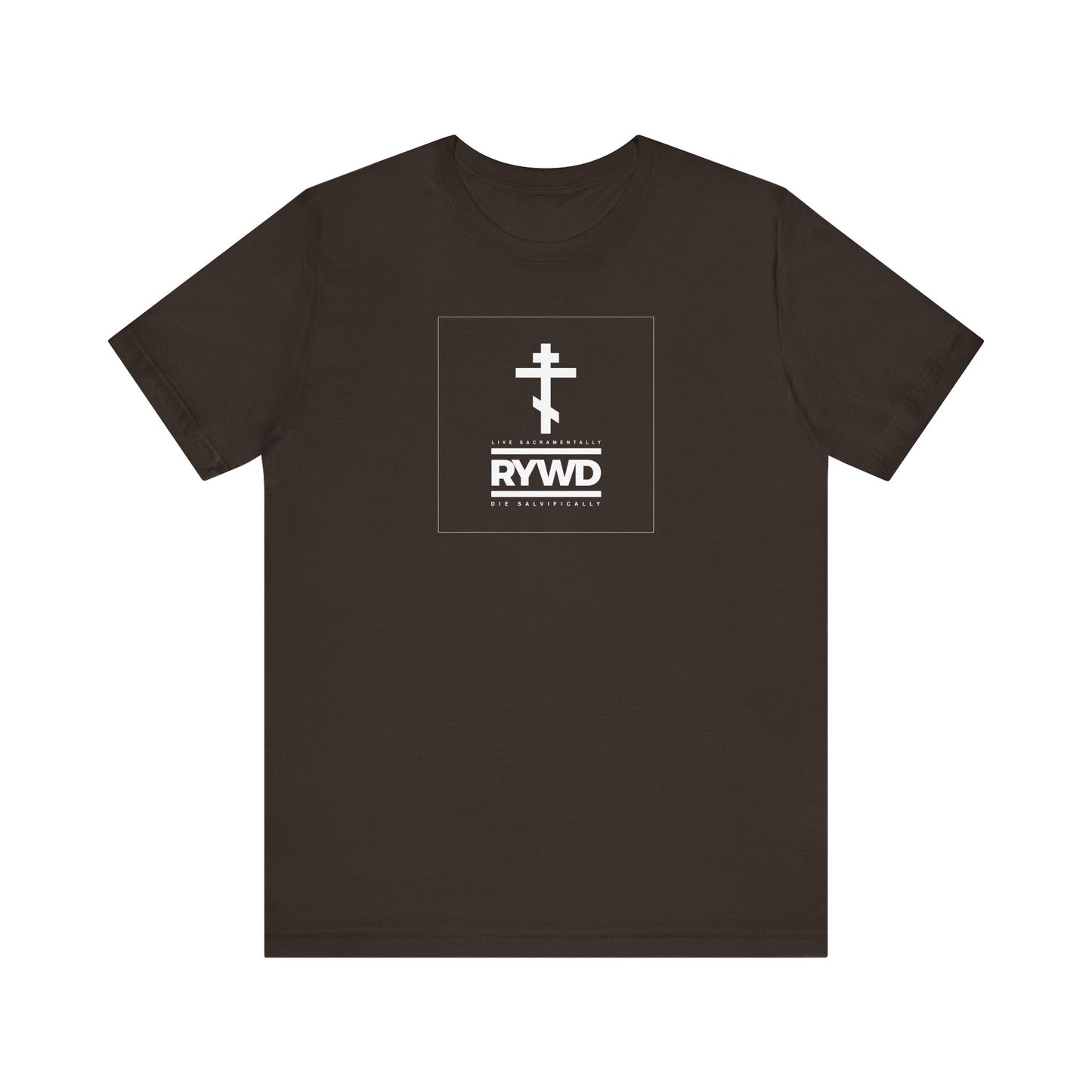Brown t-shirt featuring a minimalist white cross and RYWD (Remember You Will Die) text inside a square on the chest, symbolizing the call to live sacramentally and die salvifically in the Orthodox Christian tradition.