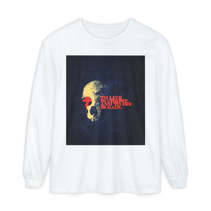 To Live is Christ and to Die is Gain | Phil 1:21 | Retro Texture | Glowing Letters and Cross with Skull | Orthodox Christian Long Sleeve Shirt