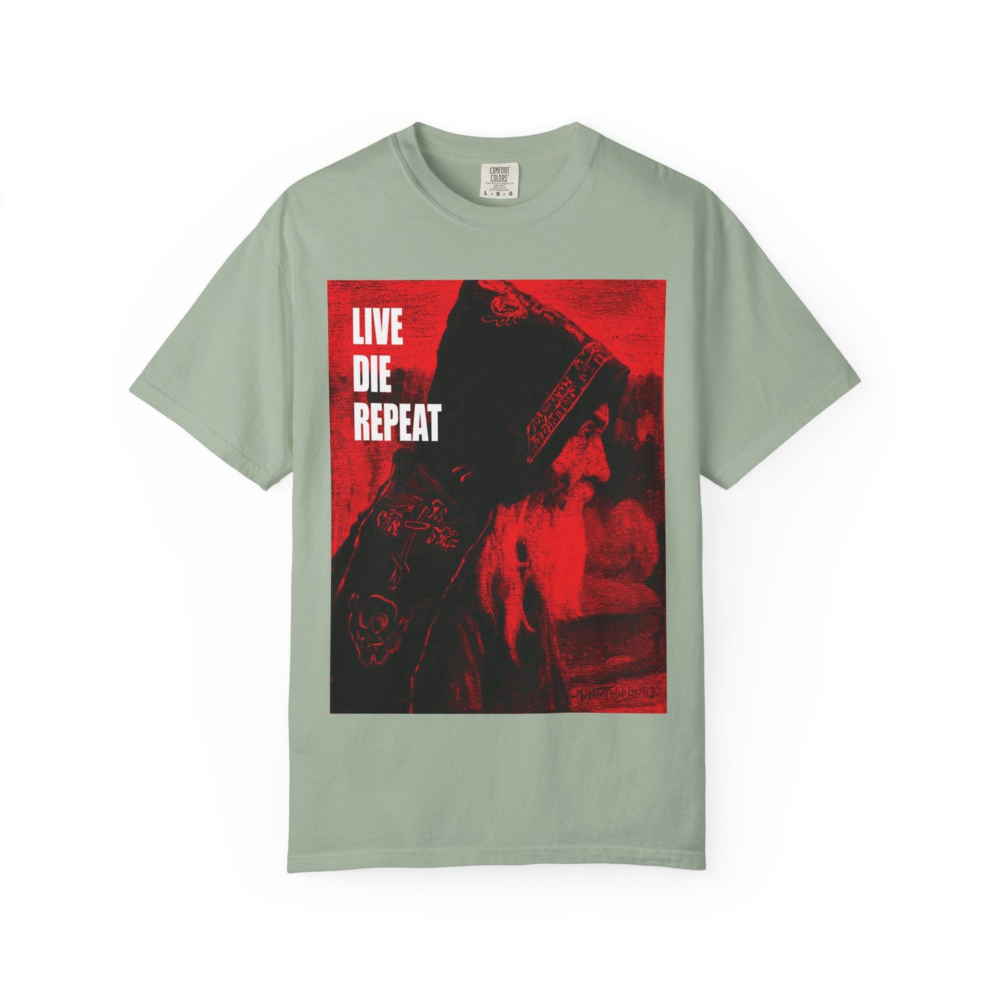 Bay-colored heavyweight cotton tee featuring Orthodox monk art by Mikhail Nesterov, bold “LIVE DIE REPEAT” text, and the quote: “Die Every Day, You Will Live Forever.” Ascetic-inspired unisex design.