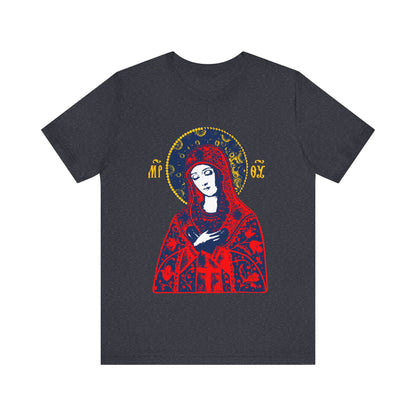 Heather navy t-shirt featuring a bright red stylized Tenderness Theotokos icon based on traditional Orthodox iconography, “Joy of All Joys” design.