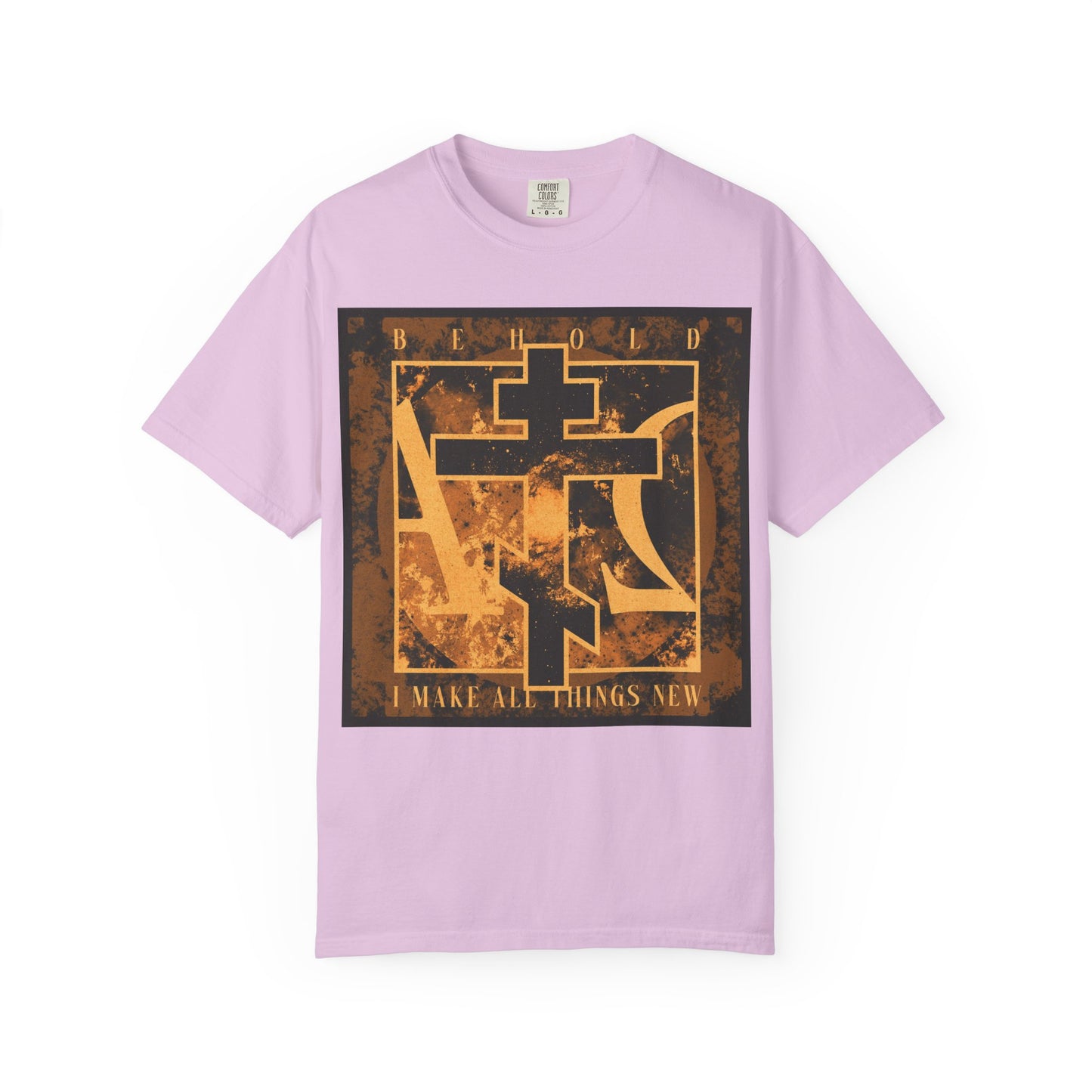 Orchid-colored heavyweight cotton unisex t-shirt featuring a bold brown and orange Orthodox cross with Alpha & Omega background and the text: "BEHOLD, I MAKE ALL THINGS NEW" (Rev 21:5)—an inspiring reminder of the new heaven and new earth.