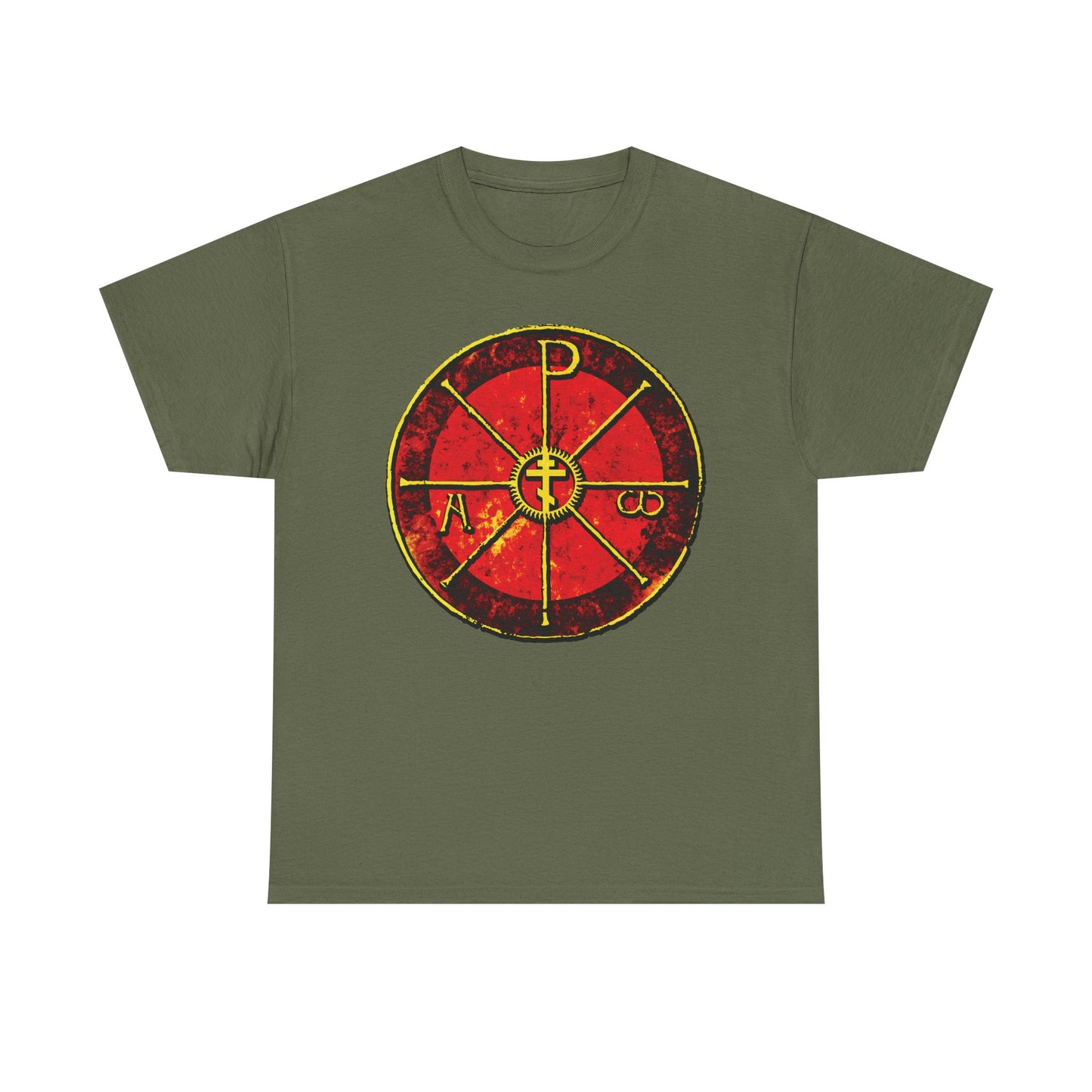 Military green t-shirt featuring the Alpha & Omega Chi Rho Orthodox Cross, an ancient Christogram with Greek letters inspired by Saint Ambrose's Chrismon. "In This Sign Ye Shall Conquer." Midweight cotton.
