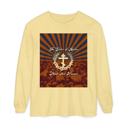 The Gates of Hades Shall Not Prevail | Cross with Wreath & Crown of Thorns | Skulls and Rays | Orthodox Christian Long Sleeve Shirt