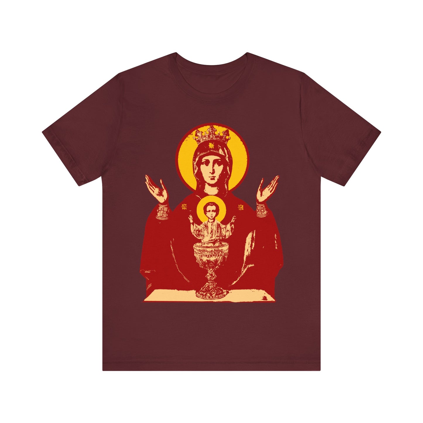 Maroon Orthodox Christian T-shirt featuring the "Holy Theotokos IconoGraphic of the Inexhaustible Chalice—Deliverer from Addictions and Conqueror of Passions" design in red, yellow, and white tones.