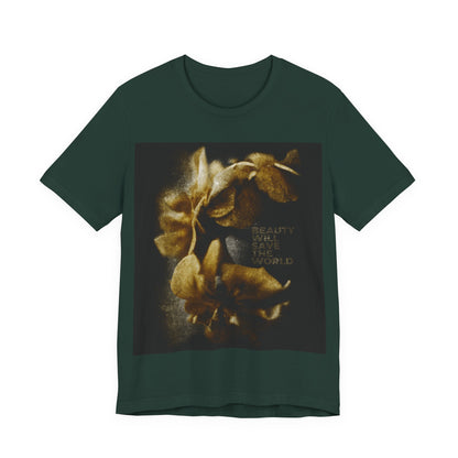 Forest green "Beauty Will Save the World" Orthodox Christian t-shirt, featuring a floral graphic inspired by creation and Dostoevsky, with yellow-toned text celebrating Jesus Christ as Universal Creator & King.
