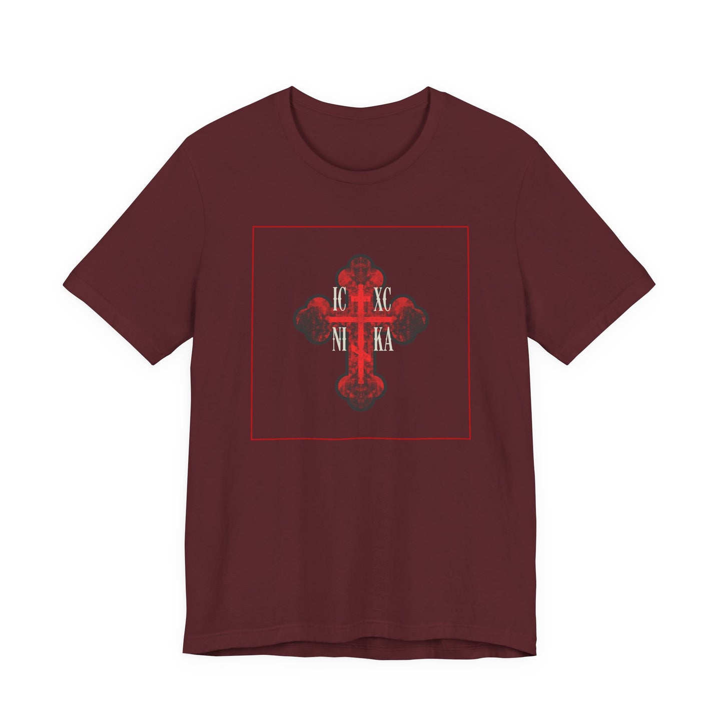 ICXC NIKA Red Glowing Ornate Textured Orthodox Cross | The Cross is the Symbol of Salvation | Christian Cotton Unisex Tee