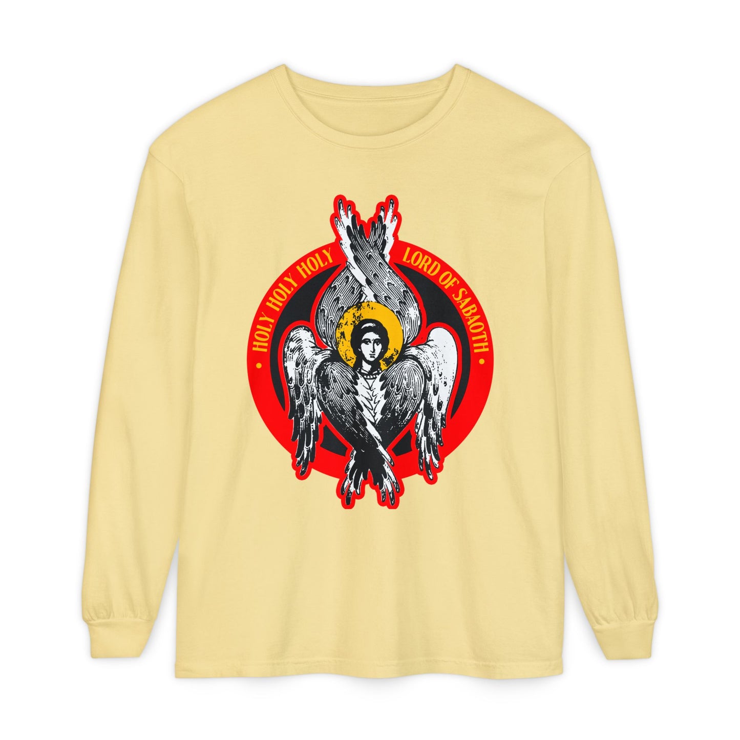 Butter-colored long-sleeve featuring an Orthodox Seraphim icon inspired by Isaiah 6’s throne vision, with "HOLY HOLY HOLY LORD OF SABAOTH" text. Orthodox Christian design from the Unseen Realm collection.