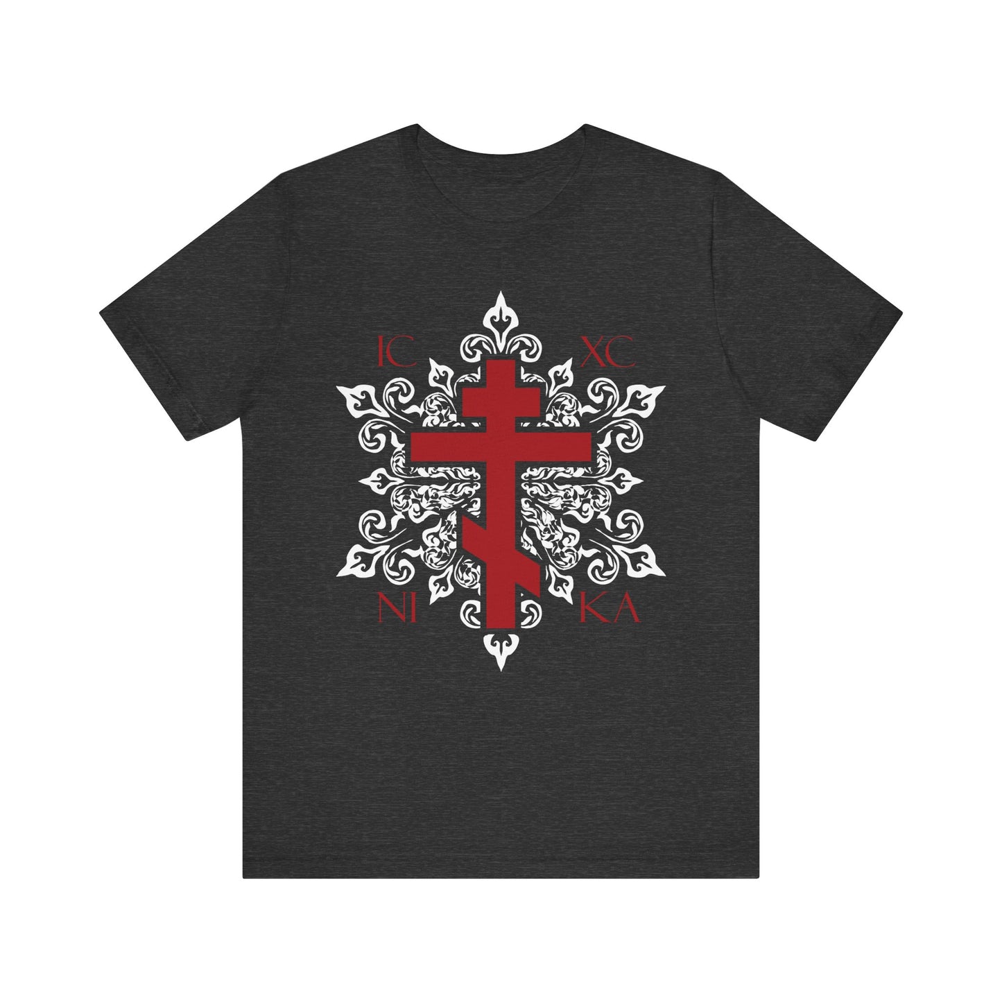 Dark Grey Heather unisex tee featuring a red Orthodox cross, ornate white medieval floral design, and ICXC/NIKA Greek letters—a best-selling lightweight cotton shirt for expressing your Orthodox Christian faith.