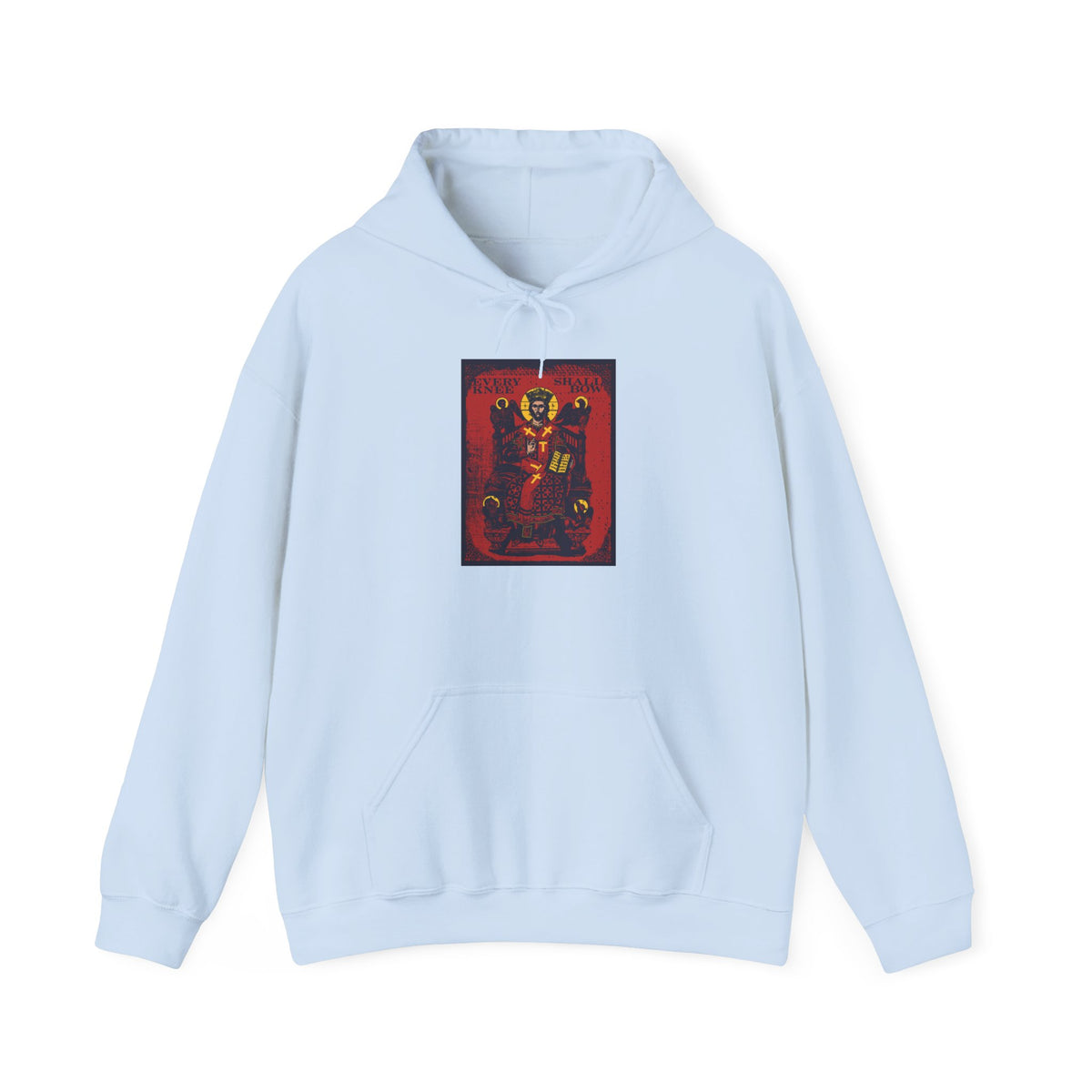 Light blue “Every Knee Shall Bow (Phil 2:8-11, Isaiah 45:23) | Christ Enthroned IconoGraphic” Orthodox Hoodie featuring a colorful graphic of Christ enthroned with the four living creatures from Ezekiel’s chariot on a red background printed on the chest, inspired by Philippians 2:8-11 and declaring that Jesus Christ is Lord.